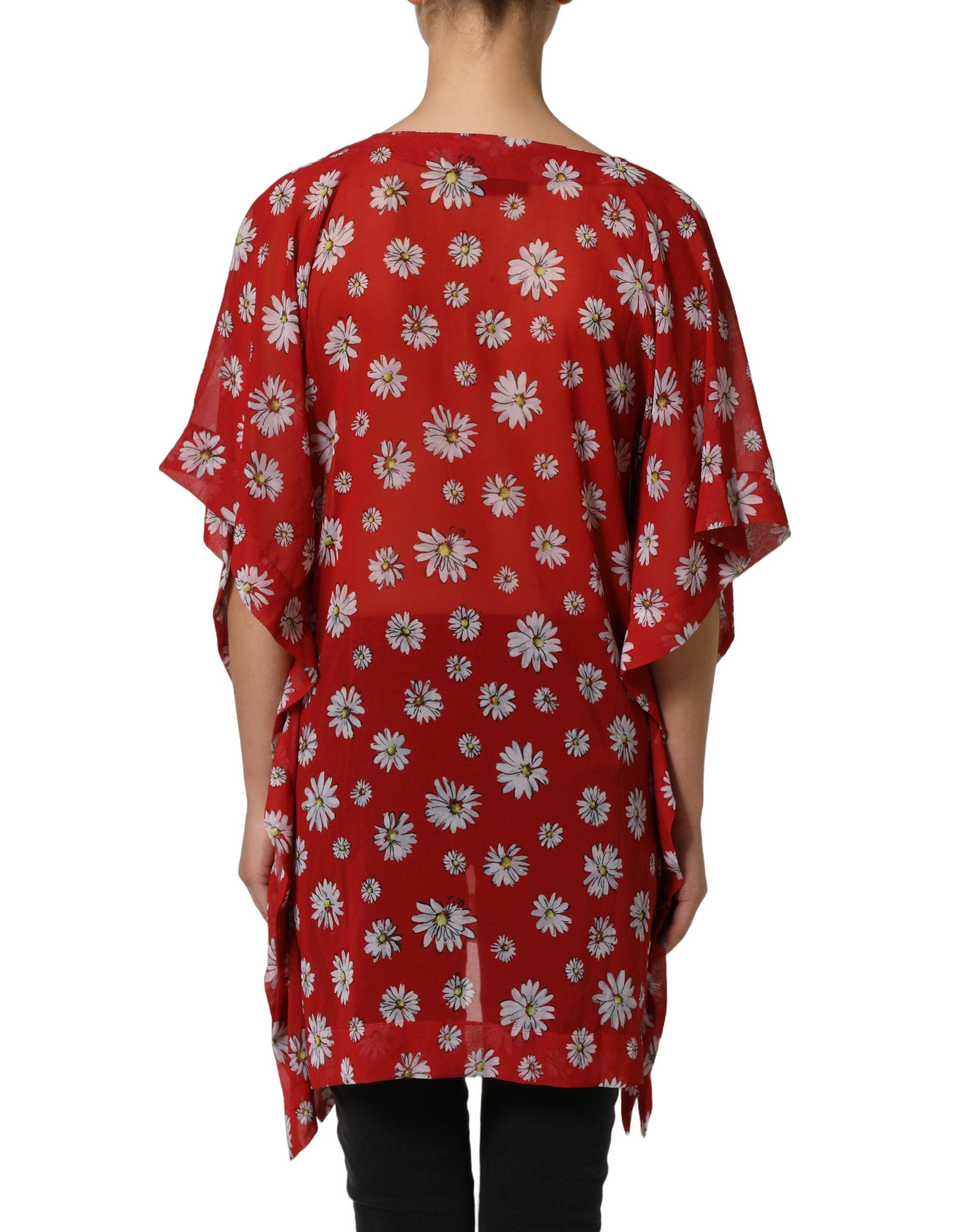 Dolce & Gabbana Red Floral V-neck Polyester Kaftan Blouse Top Dolce & Gabbana
