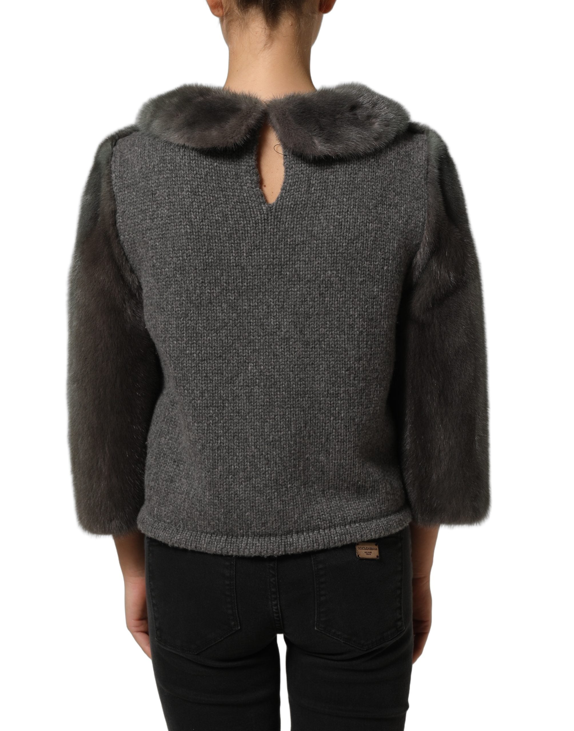 Dolce & Gabbana Dark Gray Mink Fur Round Collar Blouse Top Dolce & Gabbana
