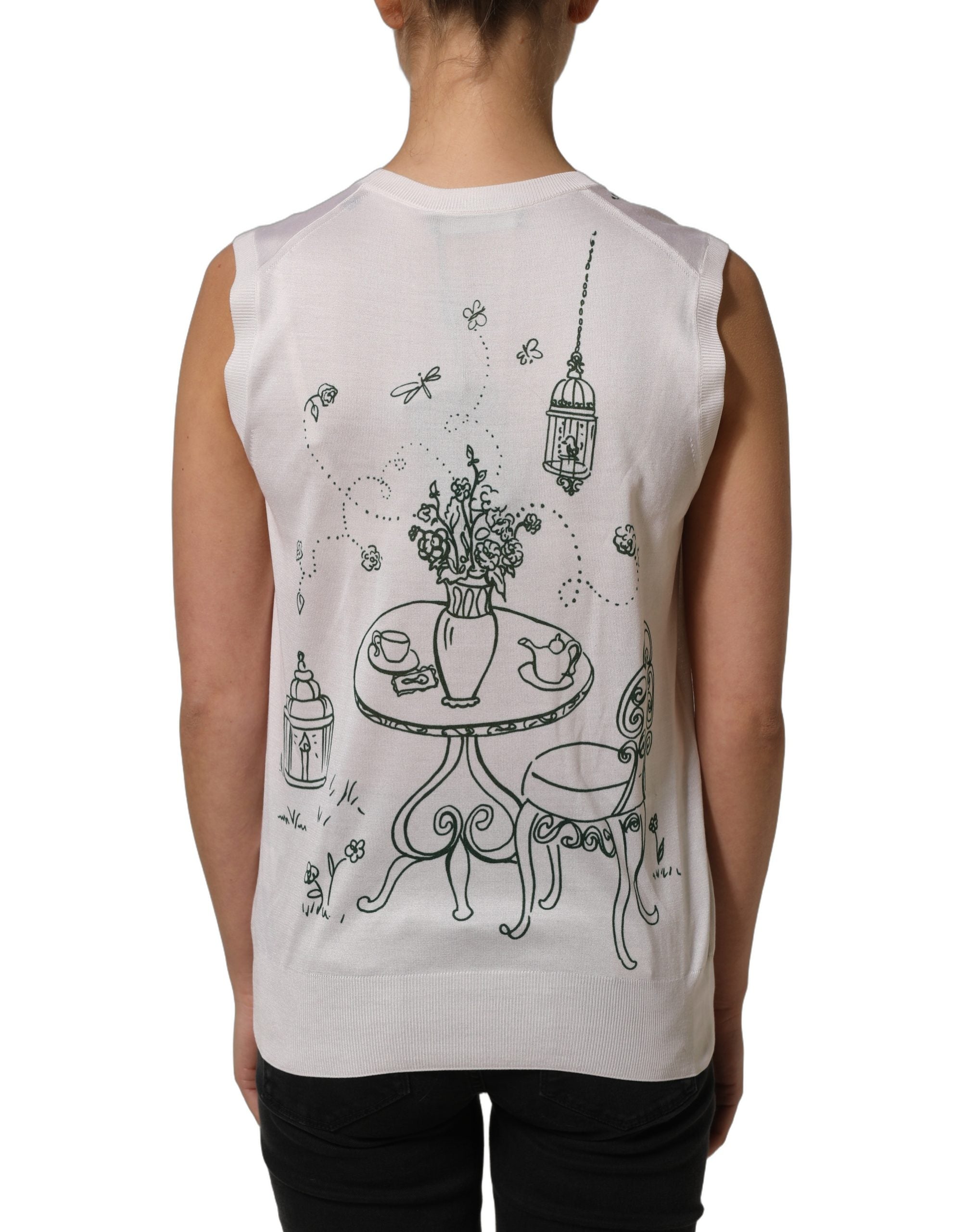 Dolce & Gabbana White Silk Knit Garden Fountain Print Tank Top Dolce & Gabbana