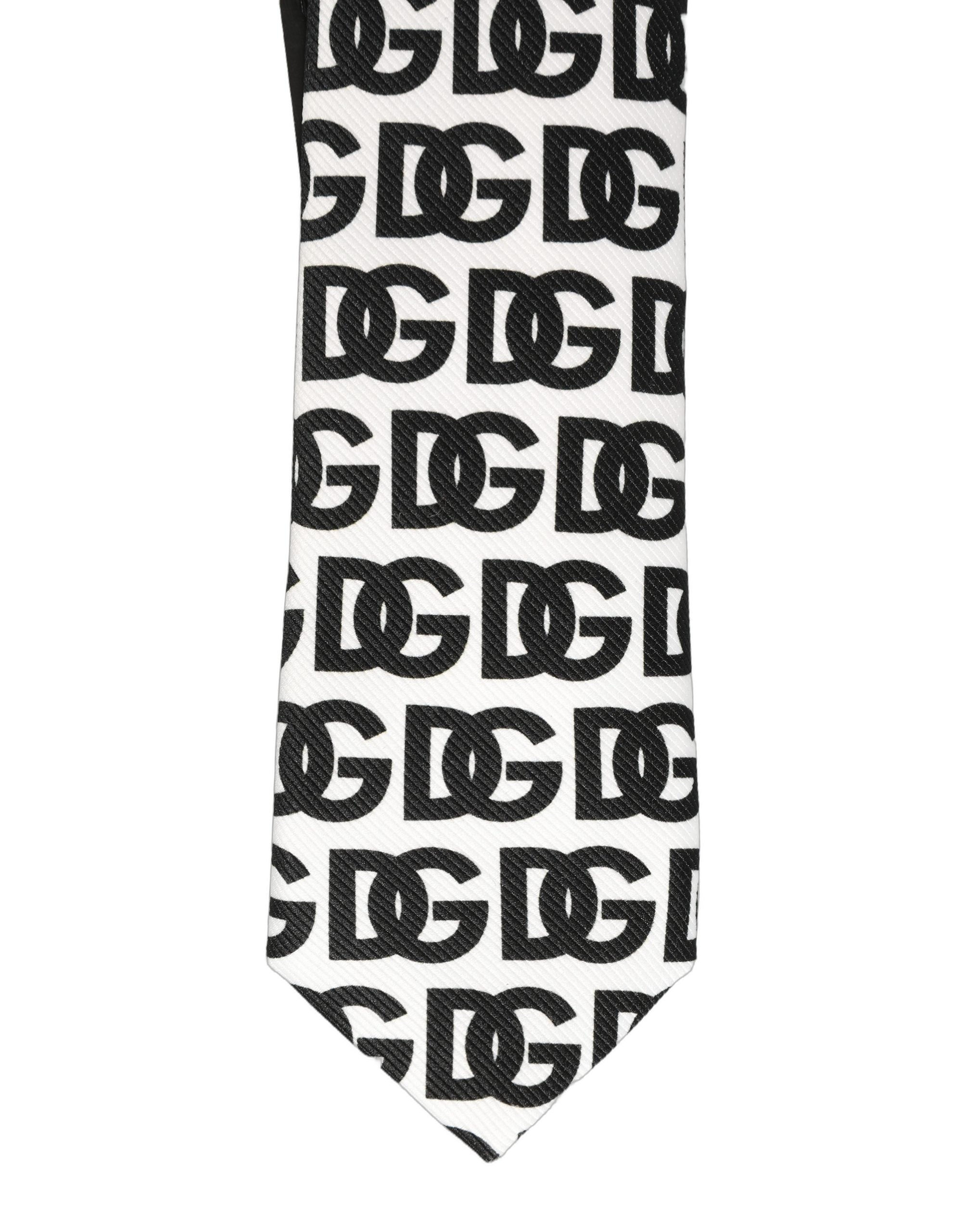 Dolce & Gabbana White Black Logo Monogram Wide Adjustable Men Necktie Tie Dolce & Gabbana