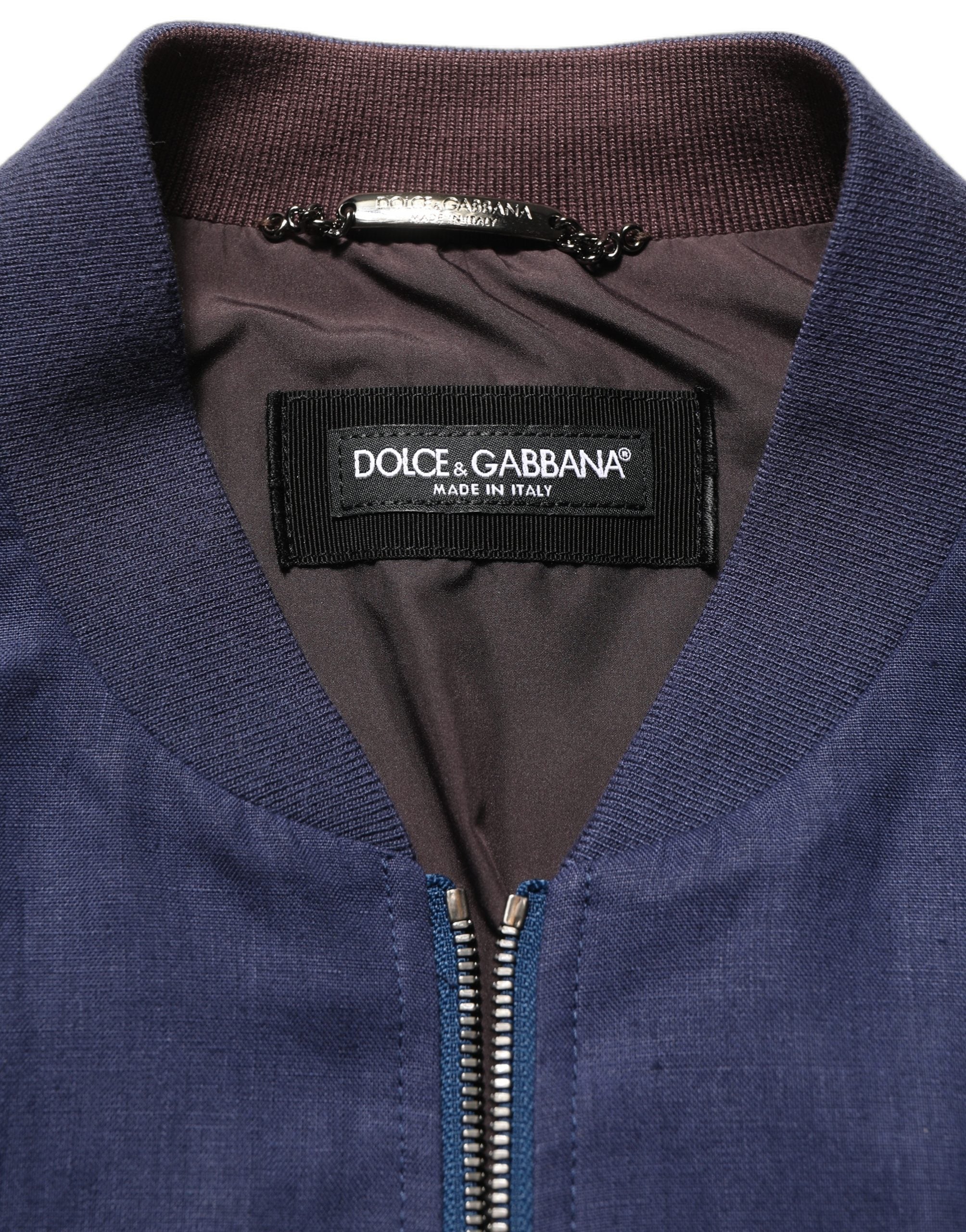 Dolce & Gabbana Blue Linen Full Zip Men Bomber Jacket Dolce & Gabbana
