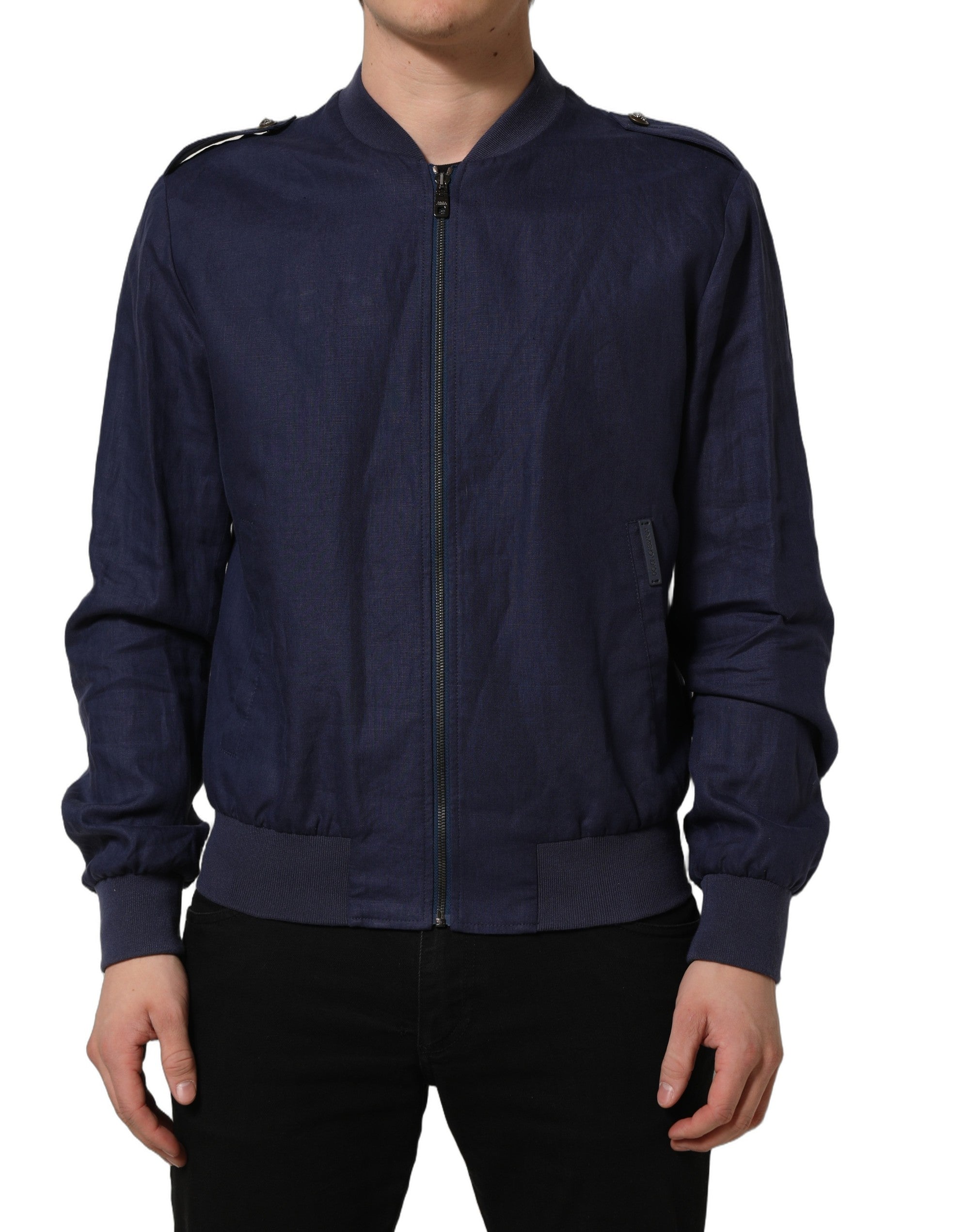 Dolce & Gabbana Blue Linen Full Zip Men Bomber Jacket Dolce & Gabbana