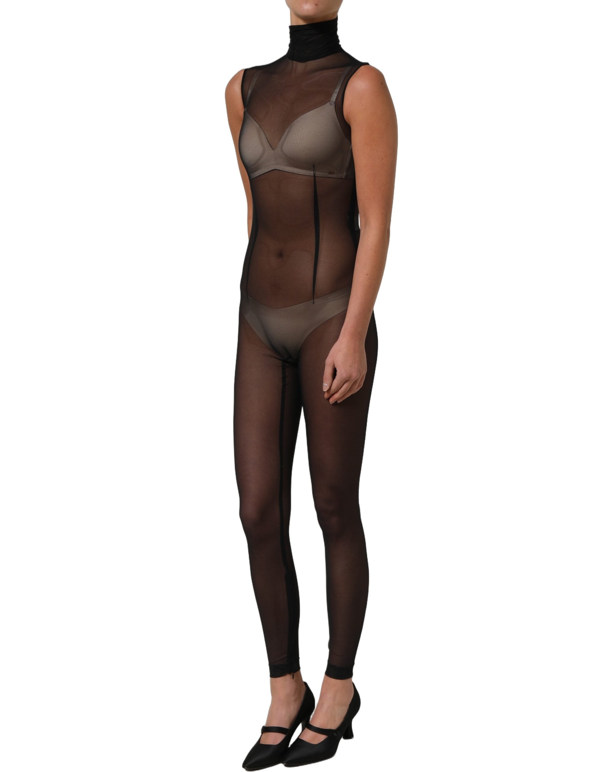 Dolce & Gabbana Black Sheer Mesh Jumpsuit Turtleneck Dress Dolce & Gabbana