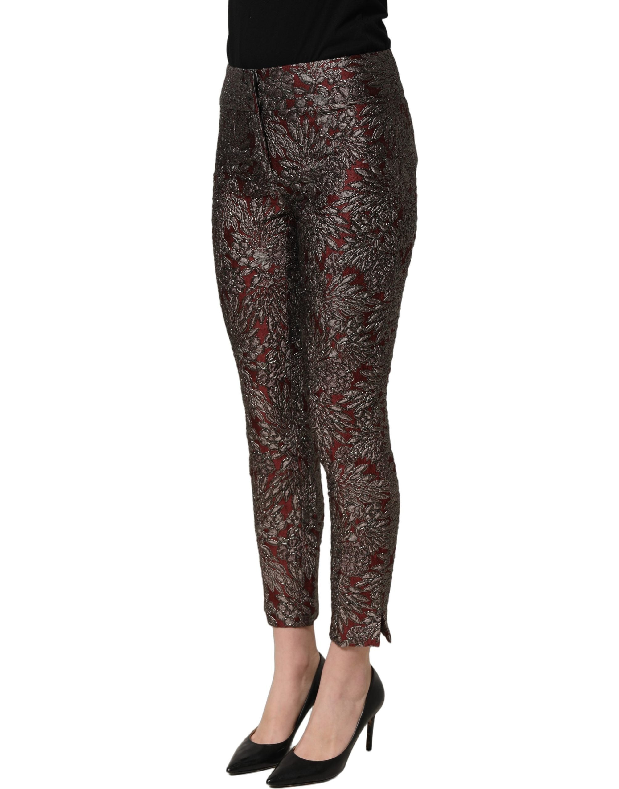 Dolce & Gabbana Burgundy Grey Floral Jacquard Straight Pants Dolce & Gabbana