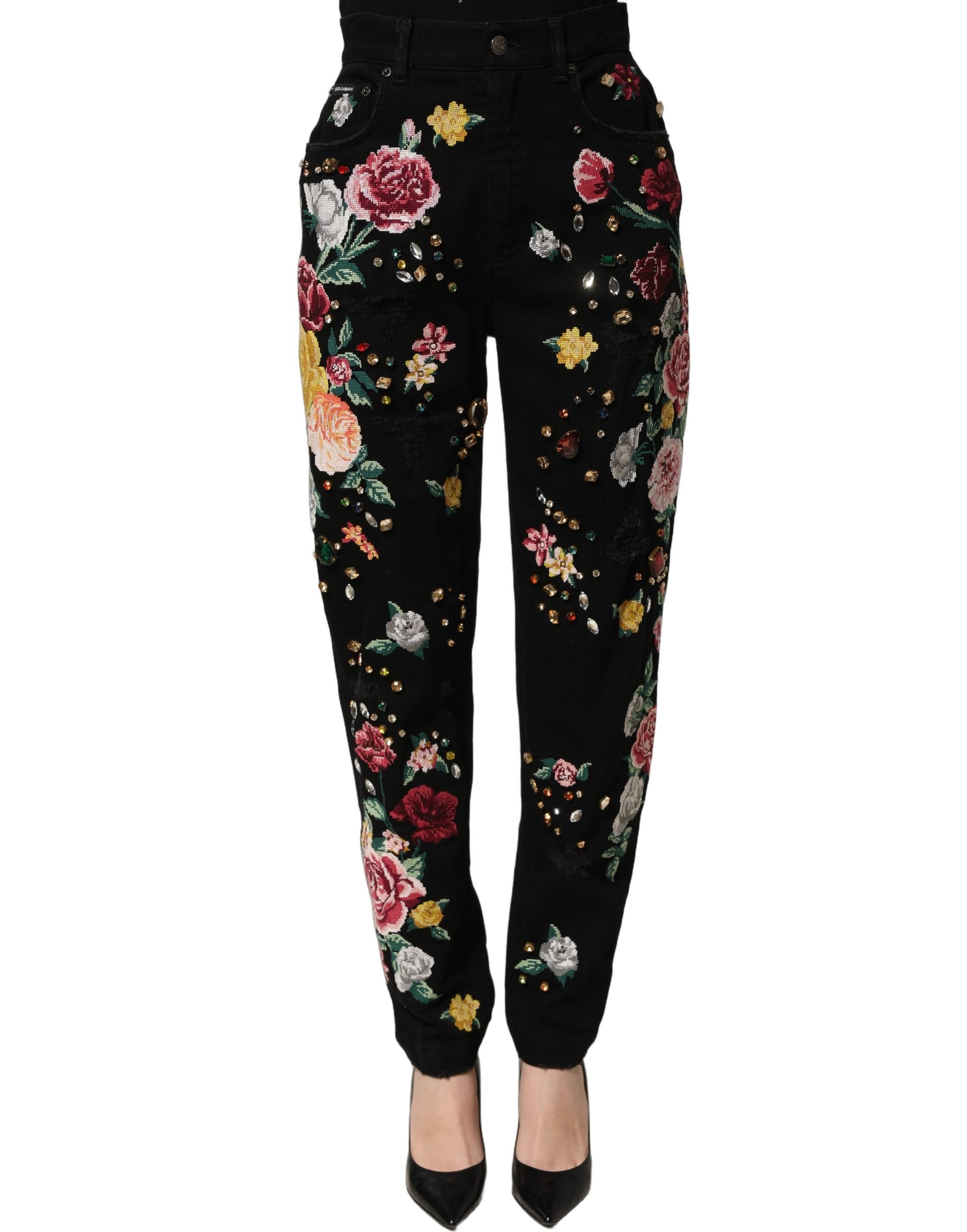 Dolce & Gabbana Black Floral Cotton High Waist Tapered Pants Dolce & Gabbana