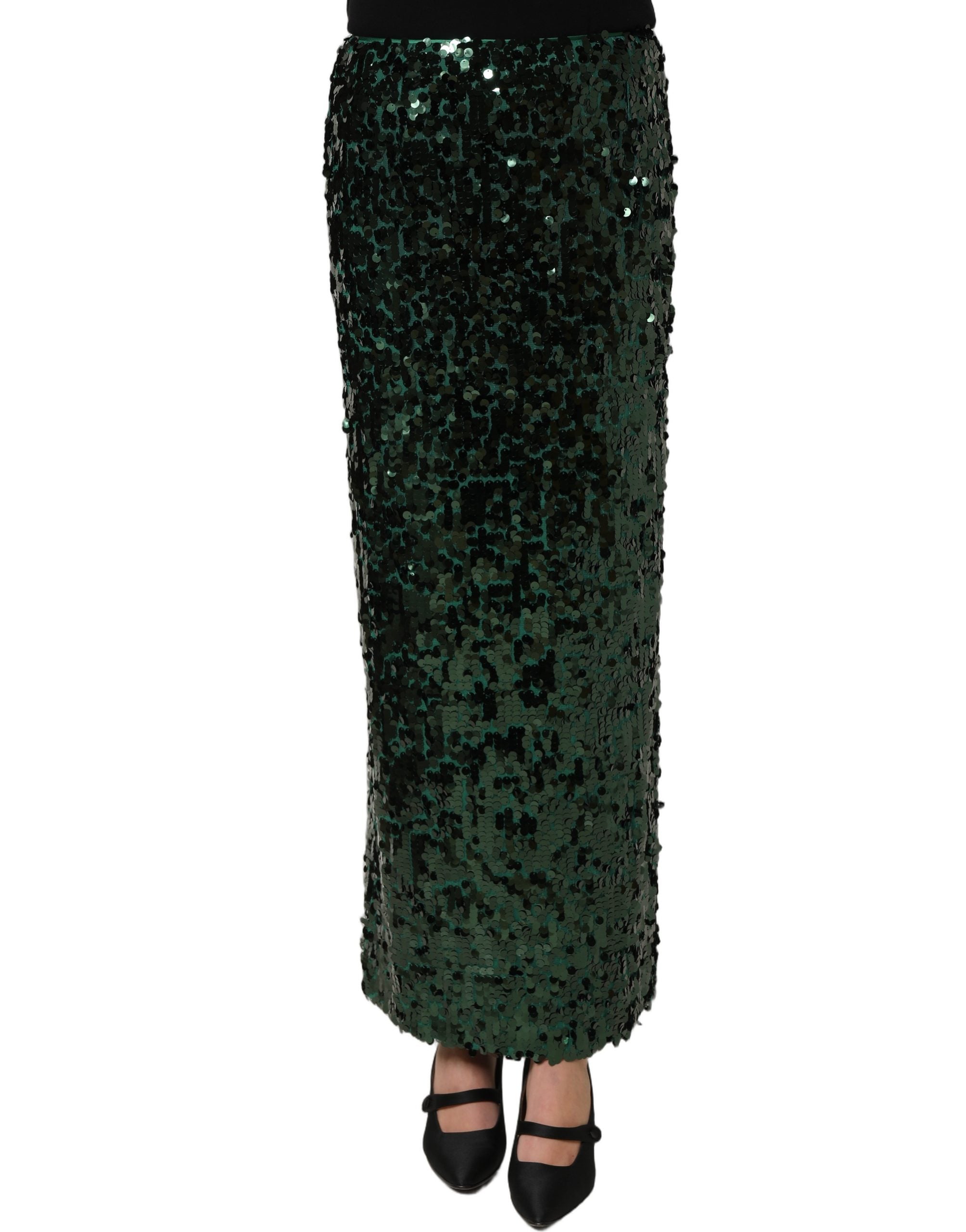 Dolce & Gabbana Green Sequin High Waist Pencil Cut Midi Skirt Dolce & Gabbana