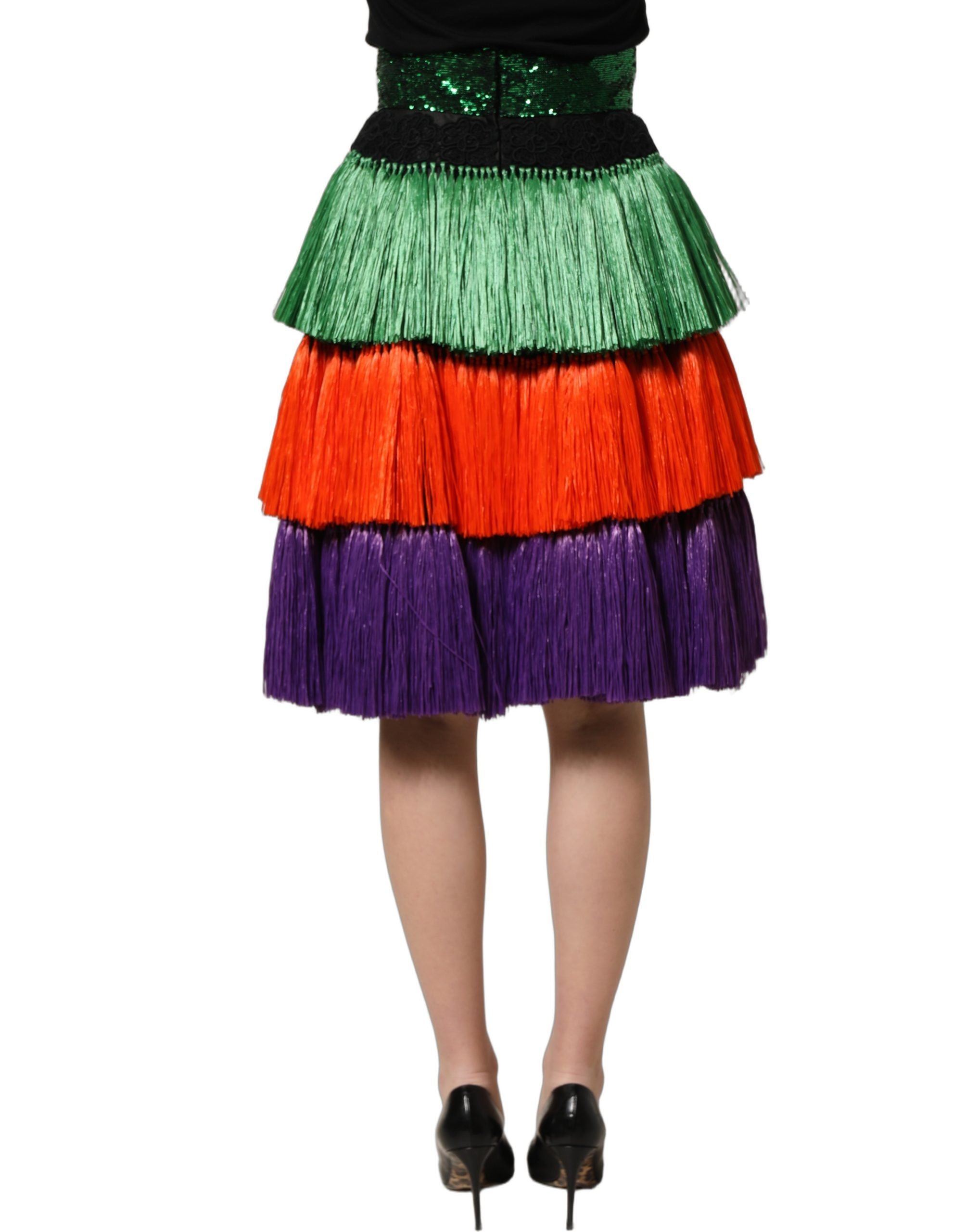 Dolce & Gabbana Multicolor Fringed High Waist Knee Length Skirt Dolce & Gabbana
