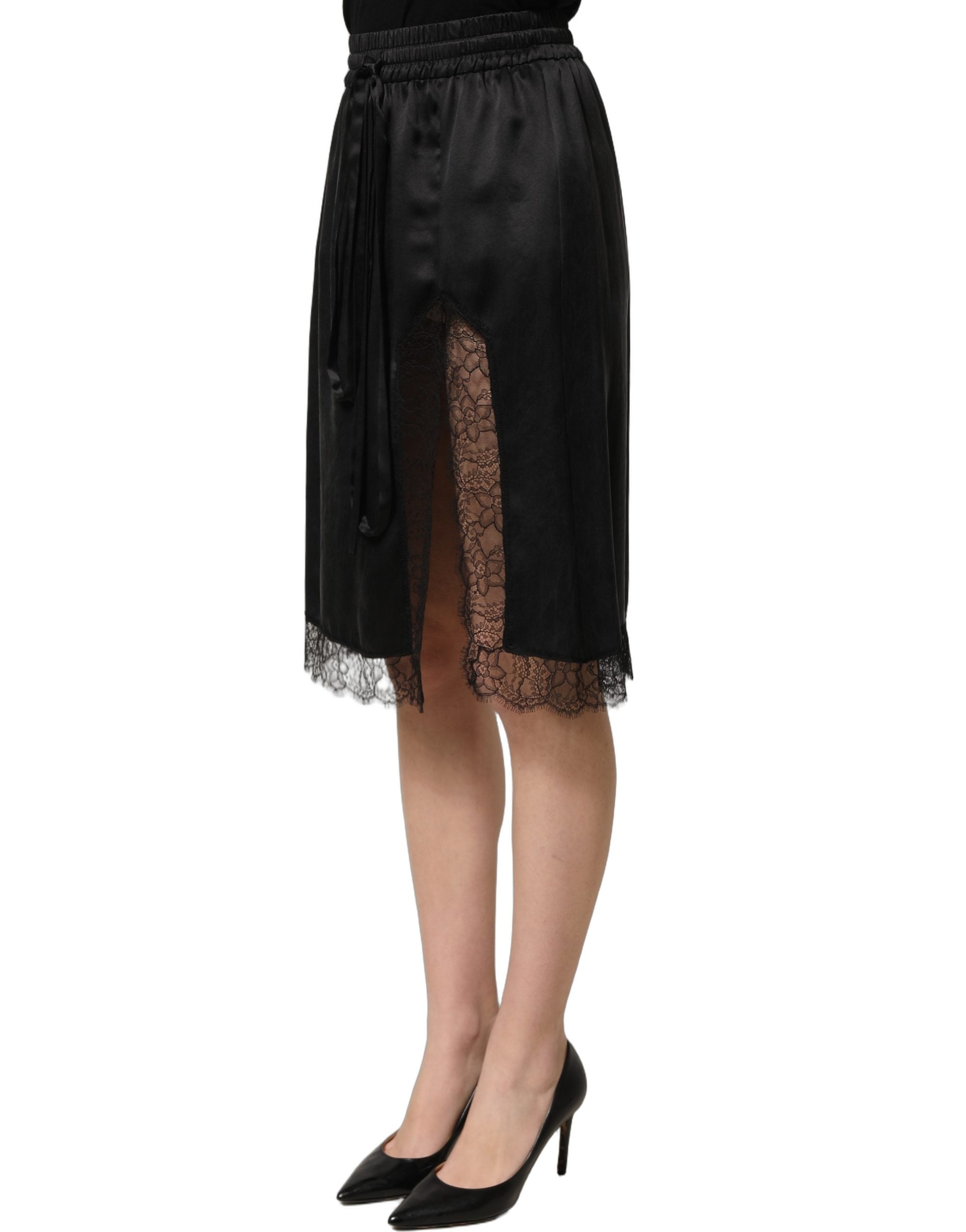 Dolce & Gabbana Black Lace Trimmed Satin Side Slit Skirt Dolce & Gabbana