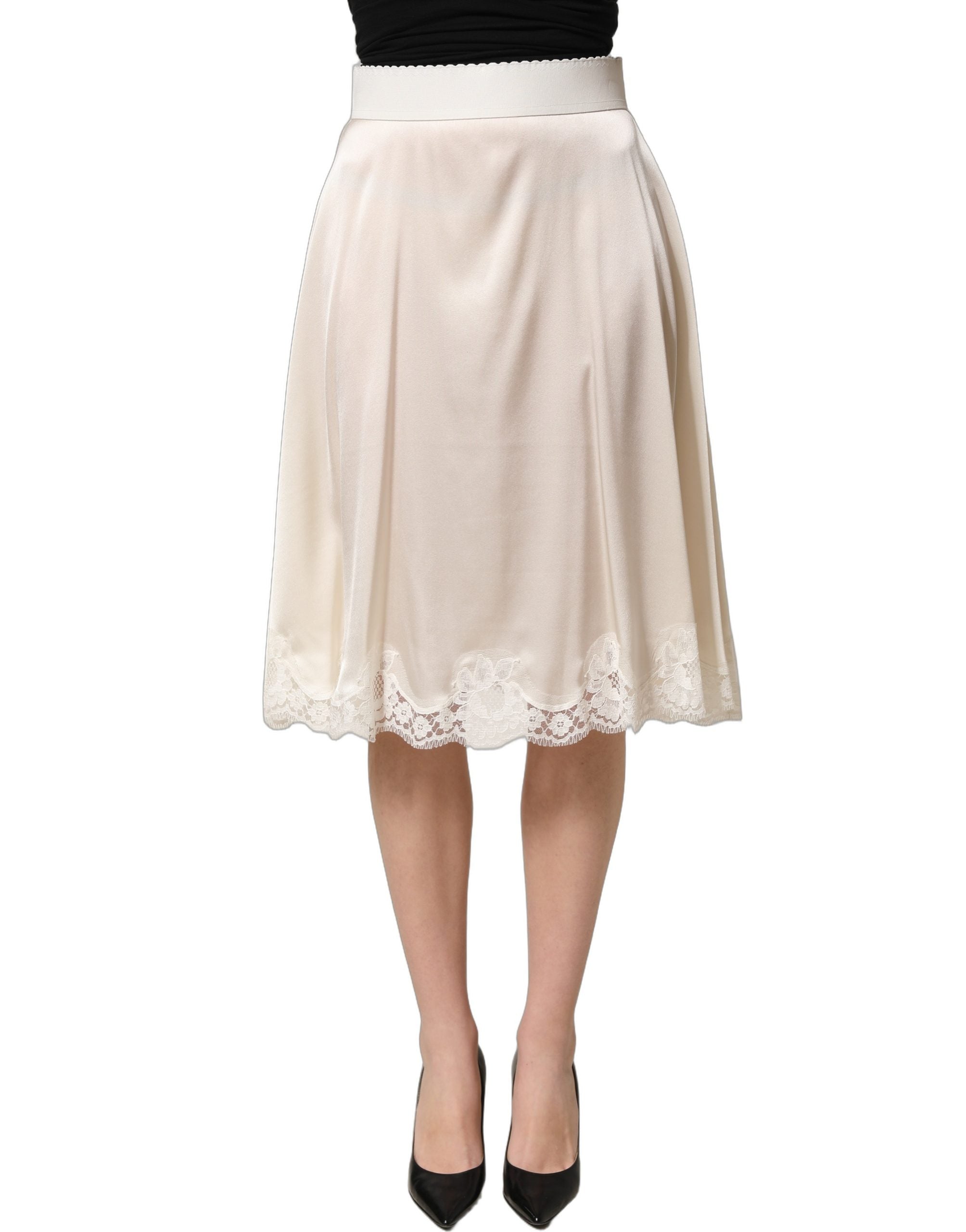 Dolce & Gabbana Off White Lace Trimmed Satin High Waist Skirt Dolce & Gabbana