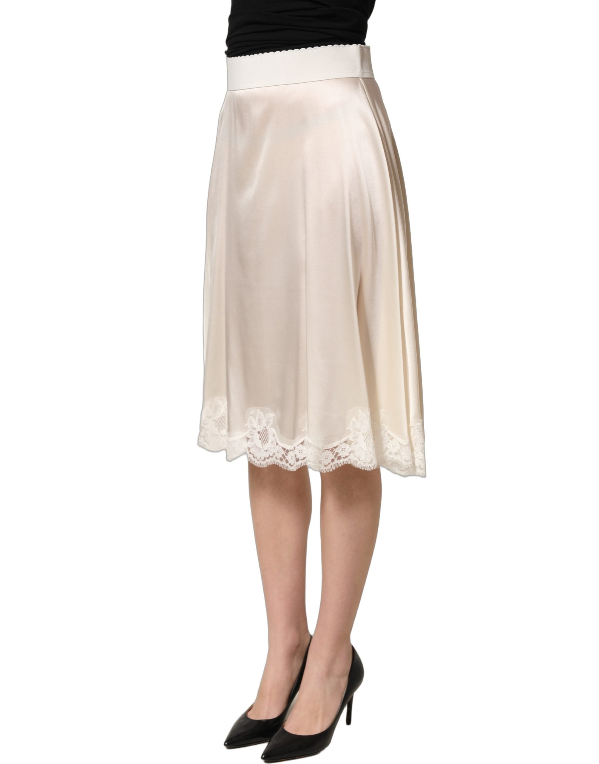 Dolce & Gabbana Off White Lace Trimmed Satin High Waist Skirt Dolce & Gabbana