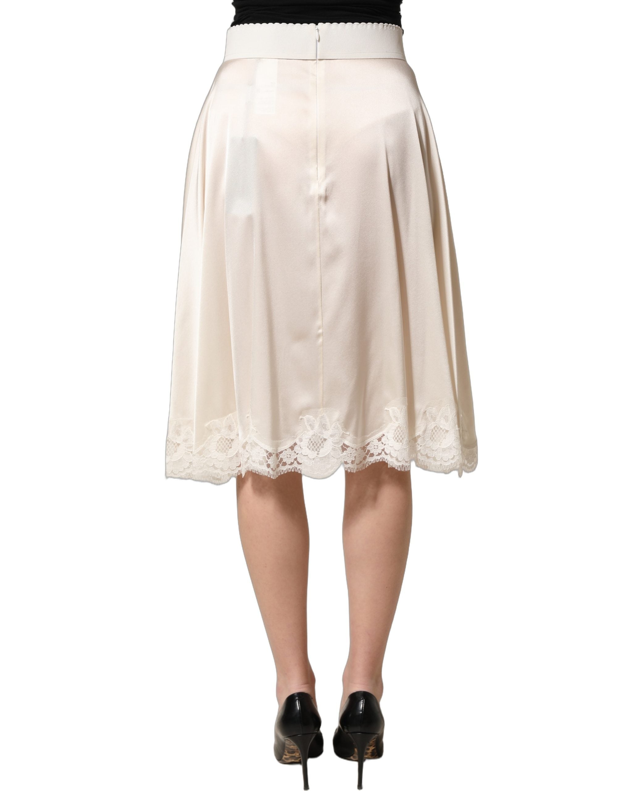 Dolce & Gabbana Off White Lace Trimmed Satin High Waist Skirt Dolce & Gabbana