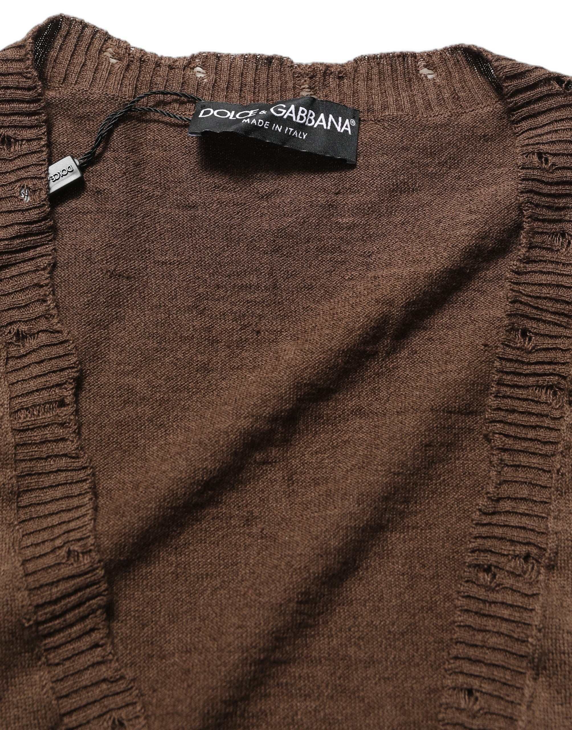 Dolce & Gabbana Brown Flax Buttoned V-neck Pullover Sweater Dolce & Gabbana