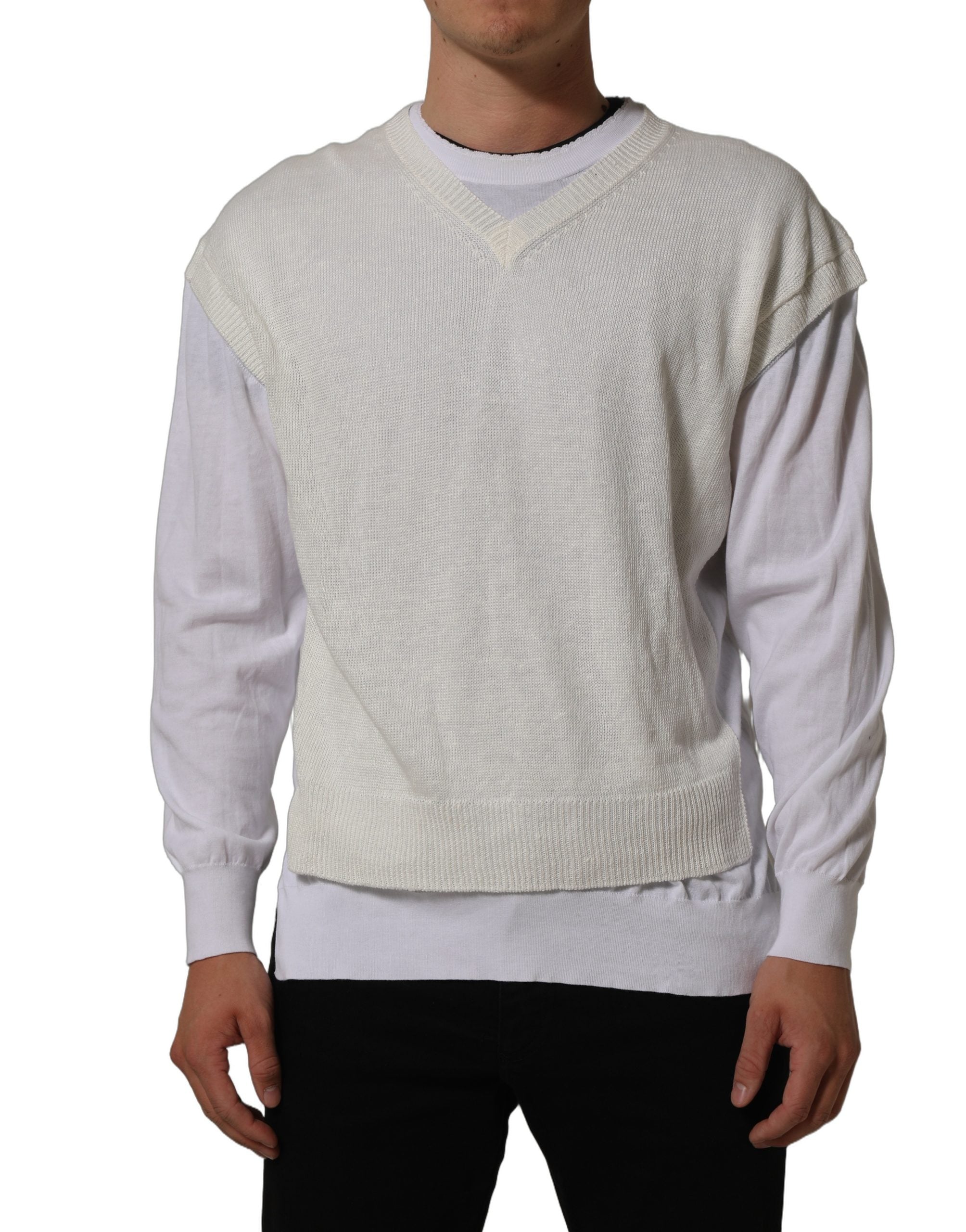 Dolce & Gabbana White Flax CrewNeck Layered Pullover Sweater Dolce & Gabbana