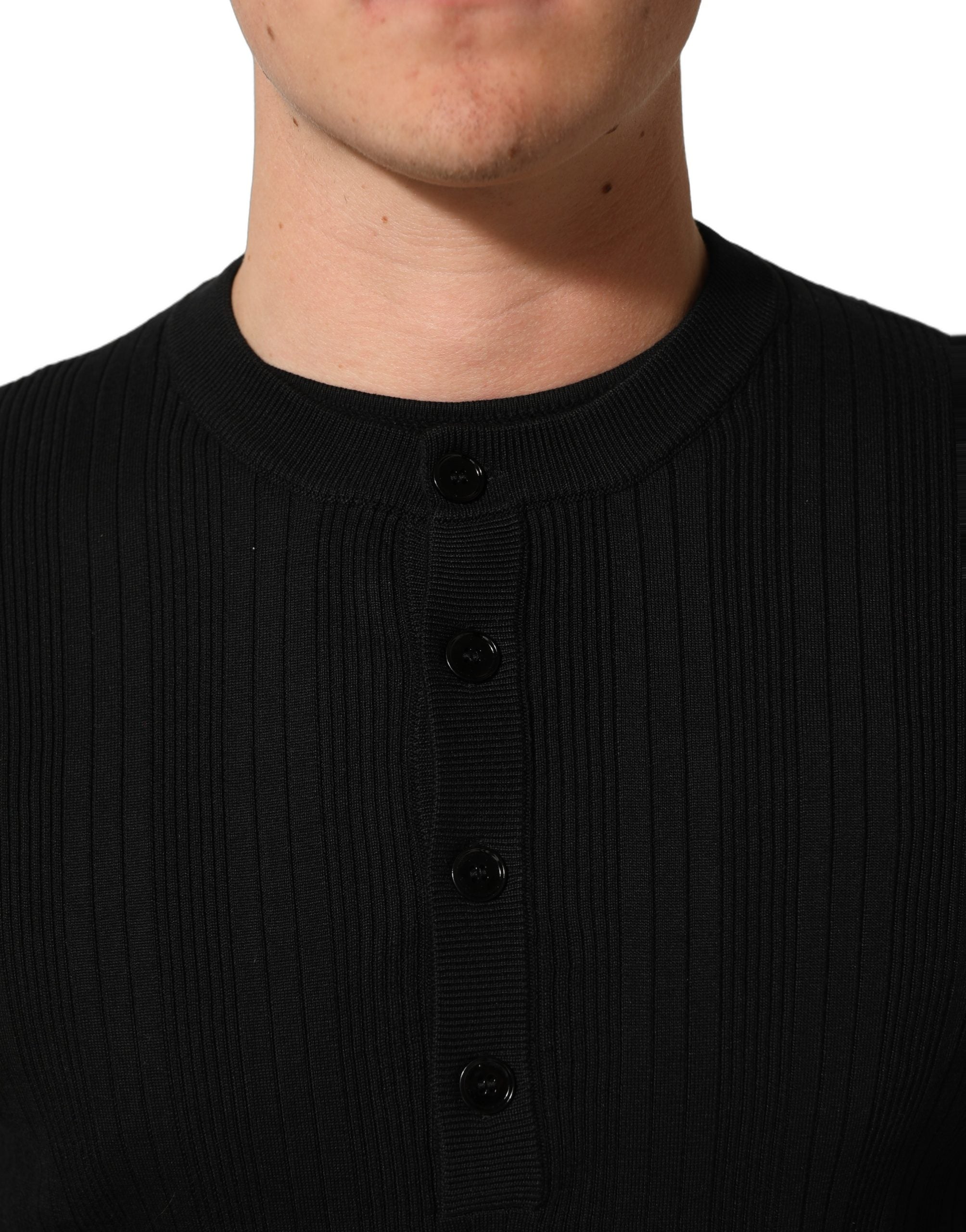 Dolce & Gabbana Black Silk Blend Henley Pullover Men Sweater Dolce & Gabbana