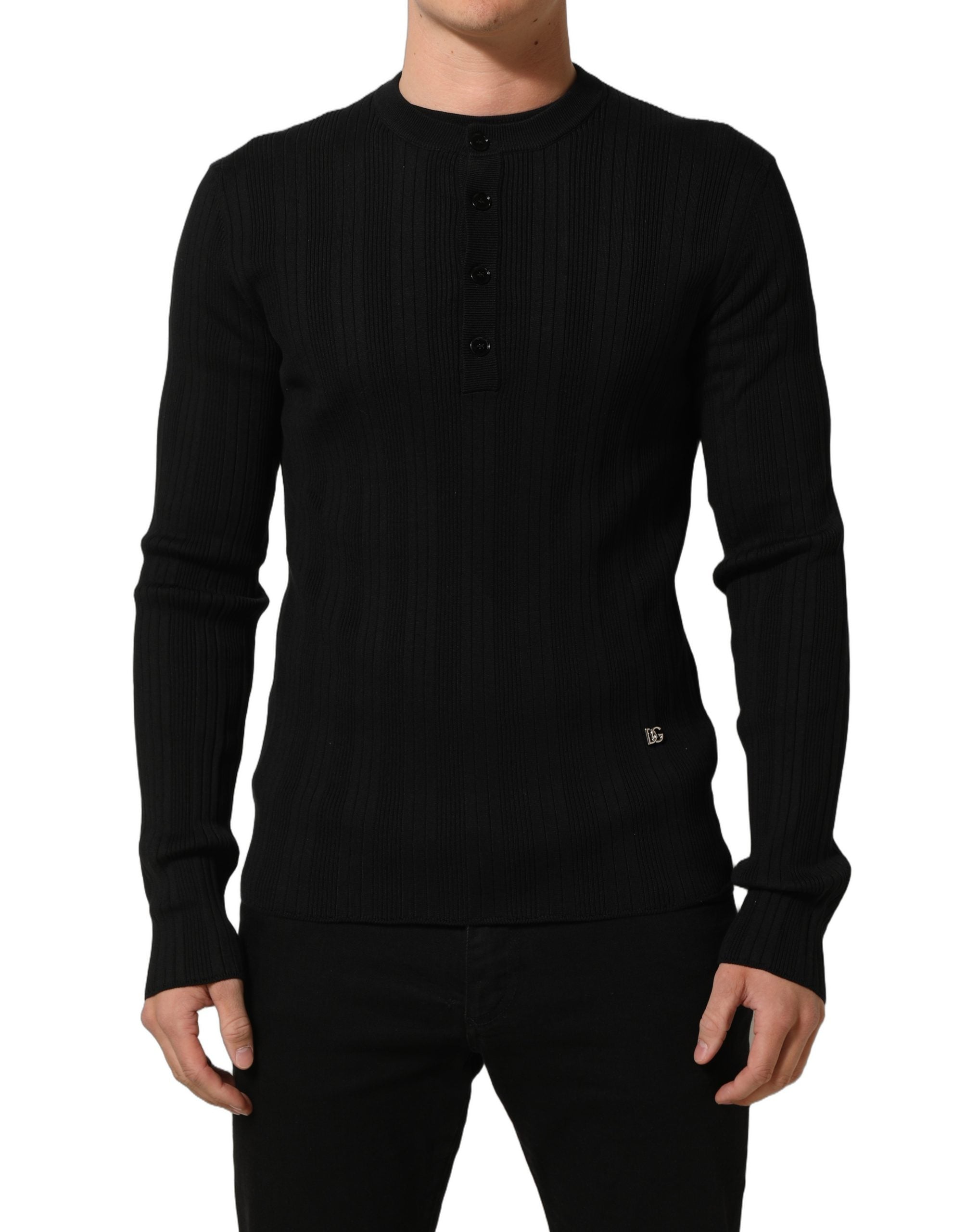 Dolce & Gabbana Black Silk Blend Henley Pullover Men Sweater Dolce & Gabbana