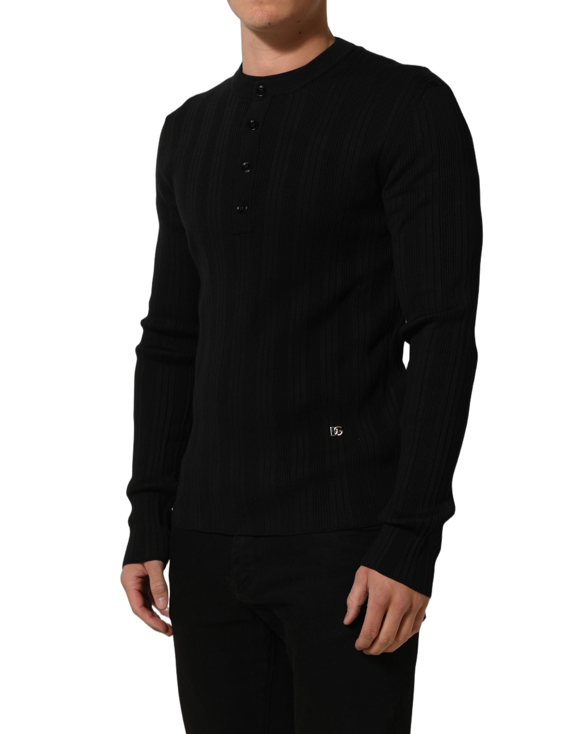 Dolce & Gabbana Black Silk Blend Henley Pullover Men Sweater Dolce & Gabbana