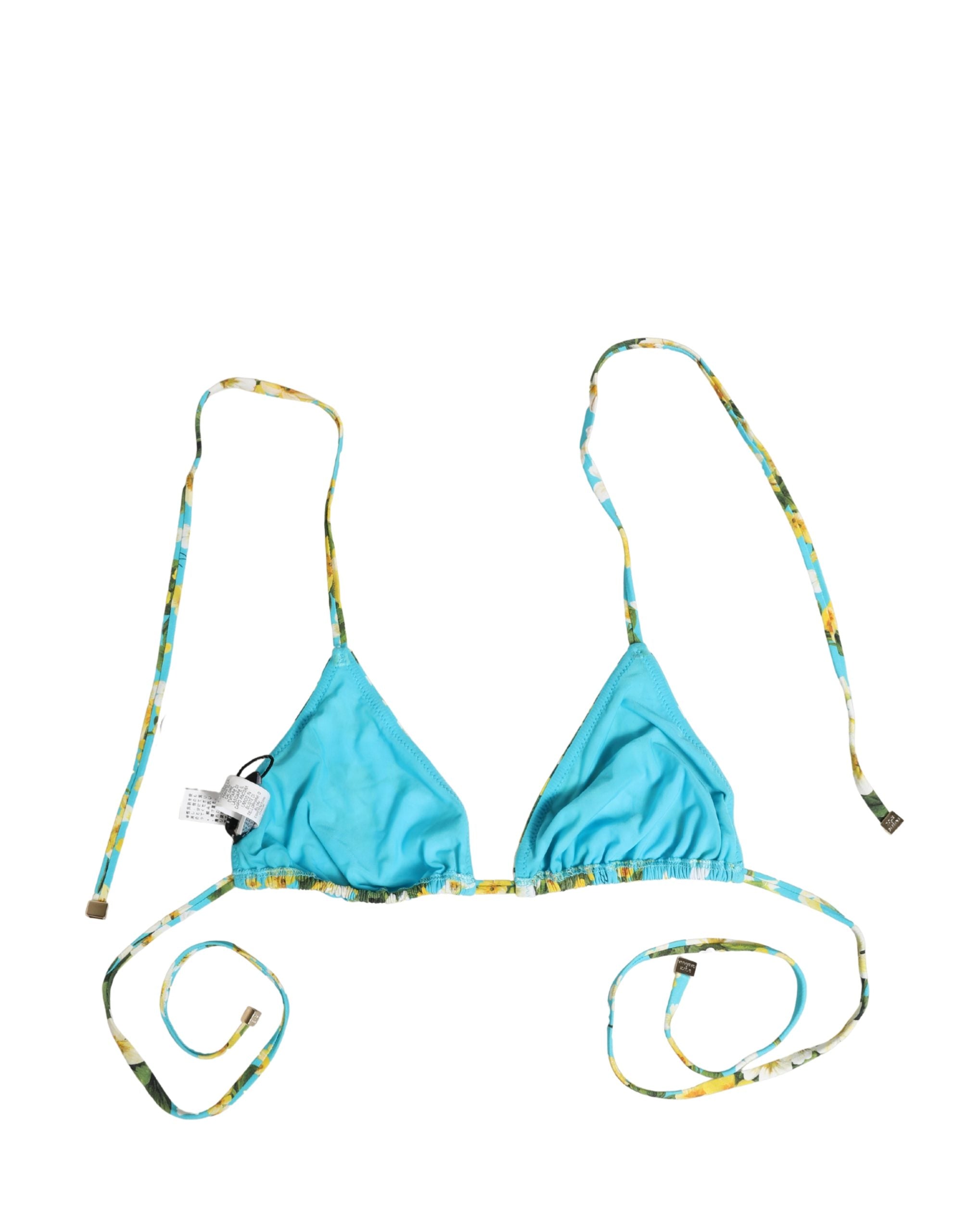 Dolce & Gabbana Blue Floral Print Nylon Halter Bikini Top Swimwear Dolce & Gabbana
