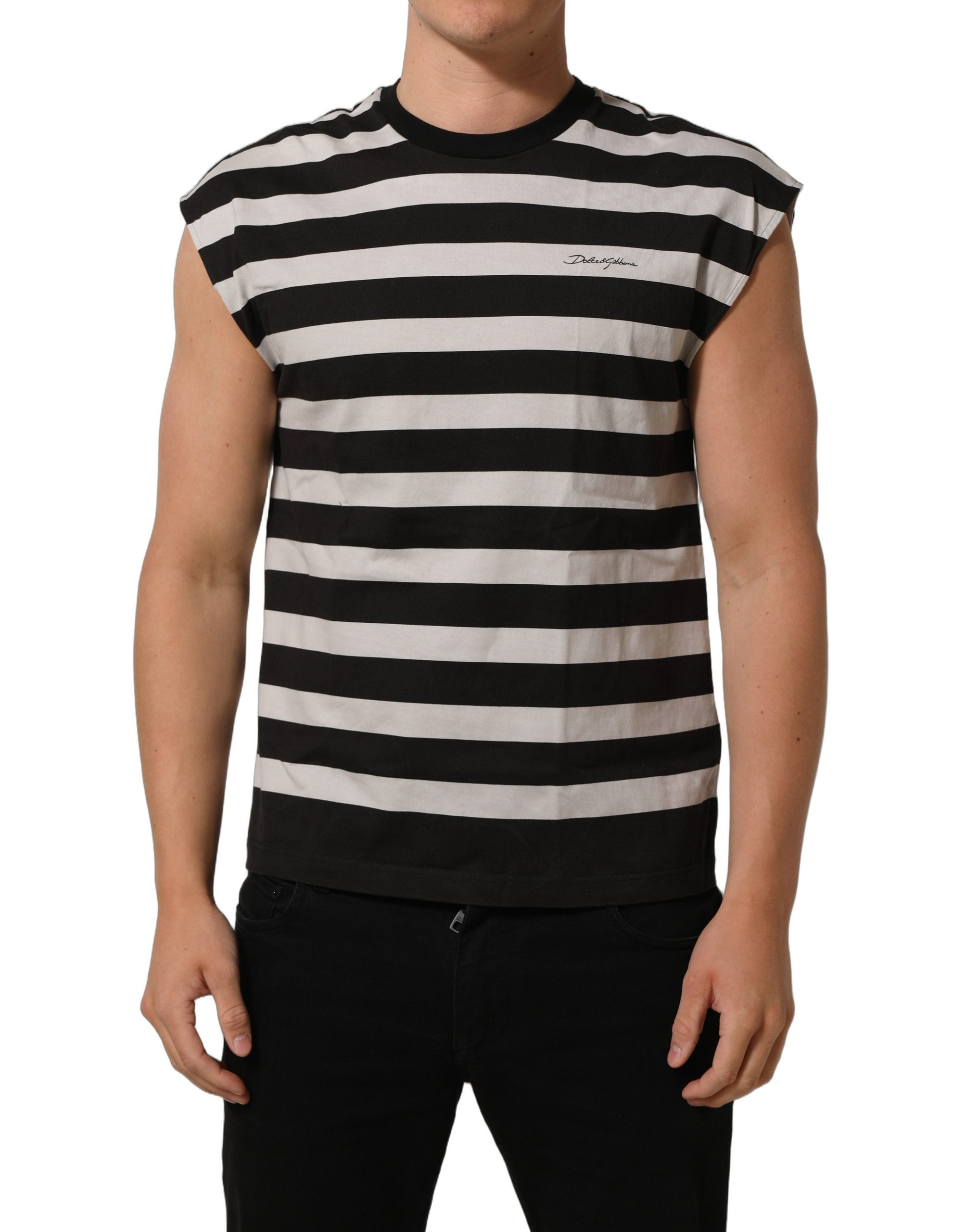 Dolce & Gabbana Black White Stripes Cotton Sleeveless T-shirt Dolce & Gabbana