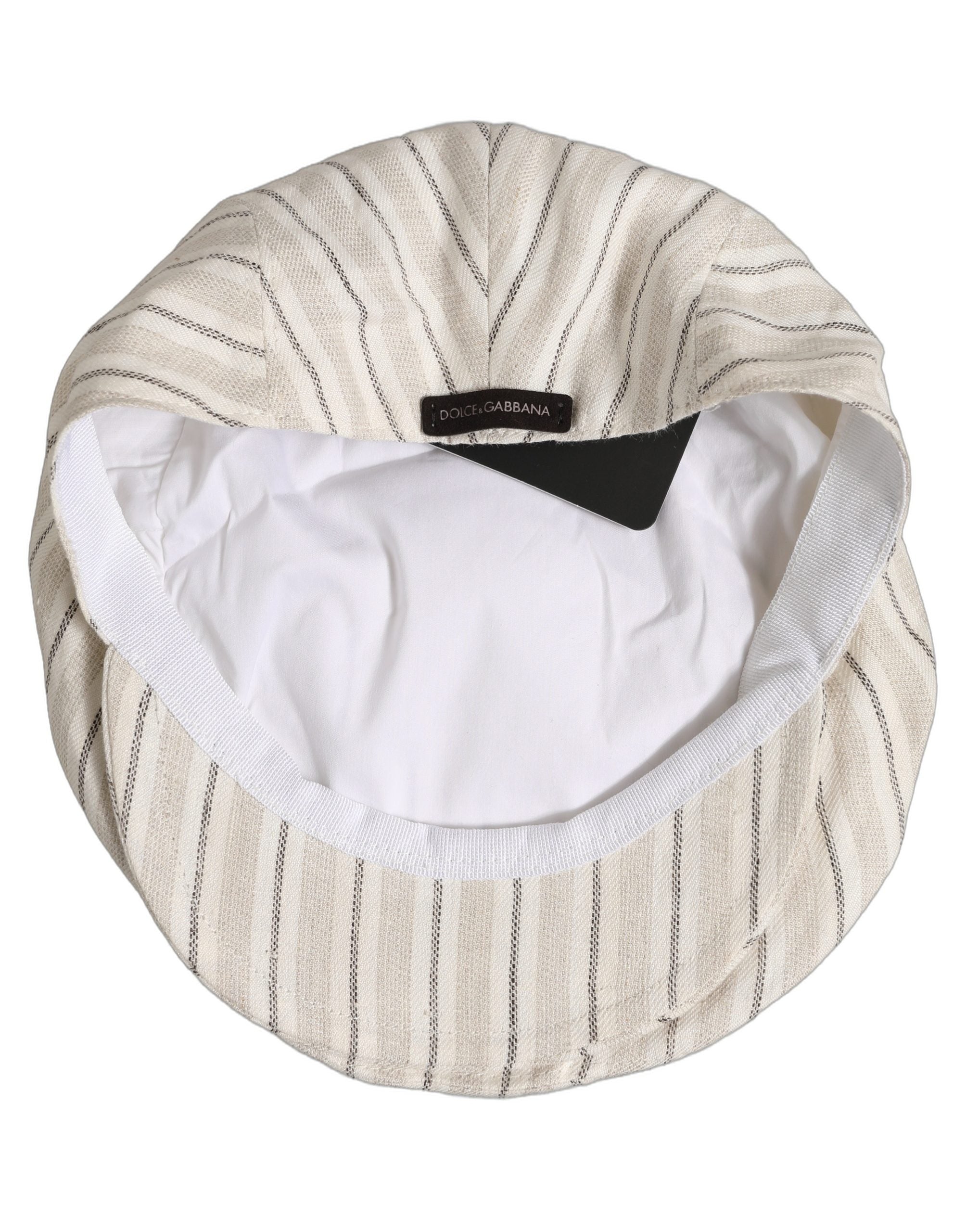 Dolce & Gabbana Men Off White Striped Linen Newsboy Capello Hat Dolce & Gabbana