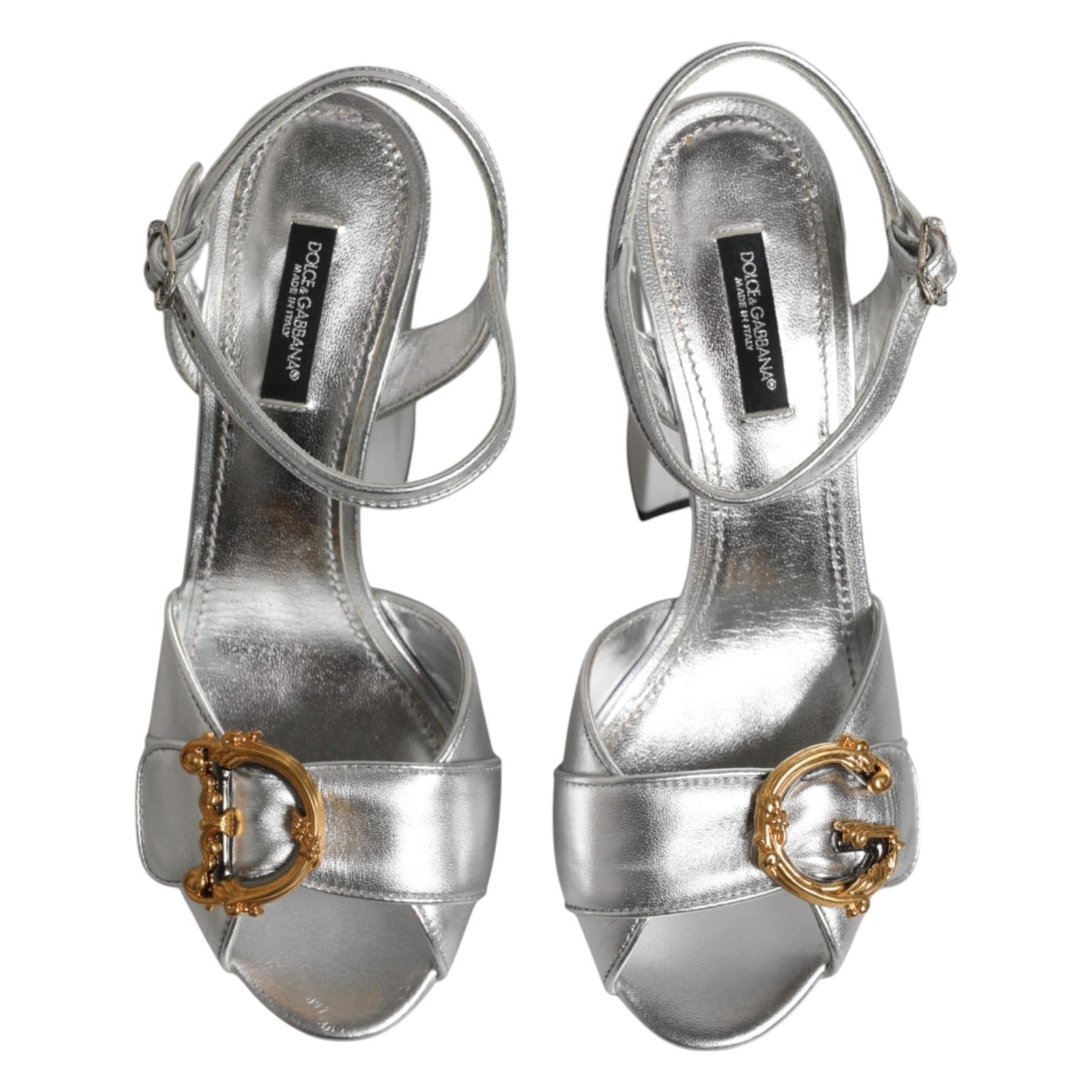 Dolce & Gabbana Silver Logo Ankle Strap Heels Sandals Shoes Dolce & Gabbana