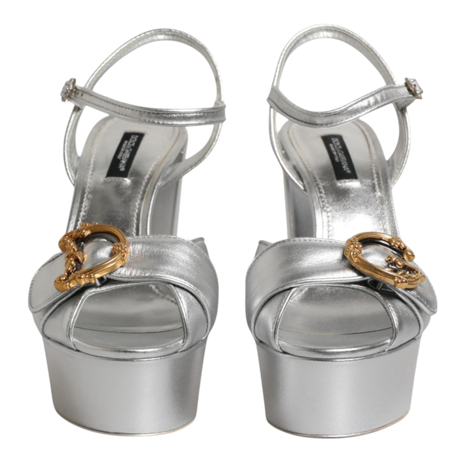 Dolce & Gabbana Silver Logo Ankle Strap Heels Sandals Shoes Dolce & Gabbana