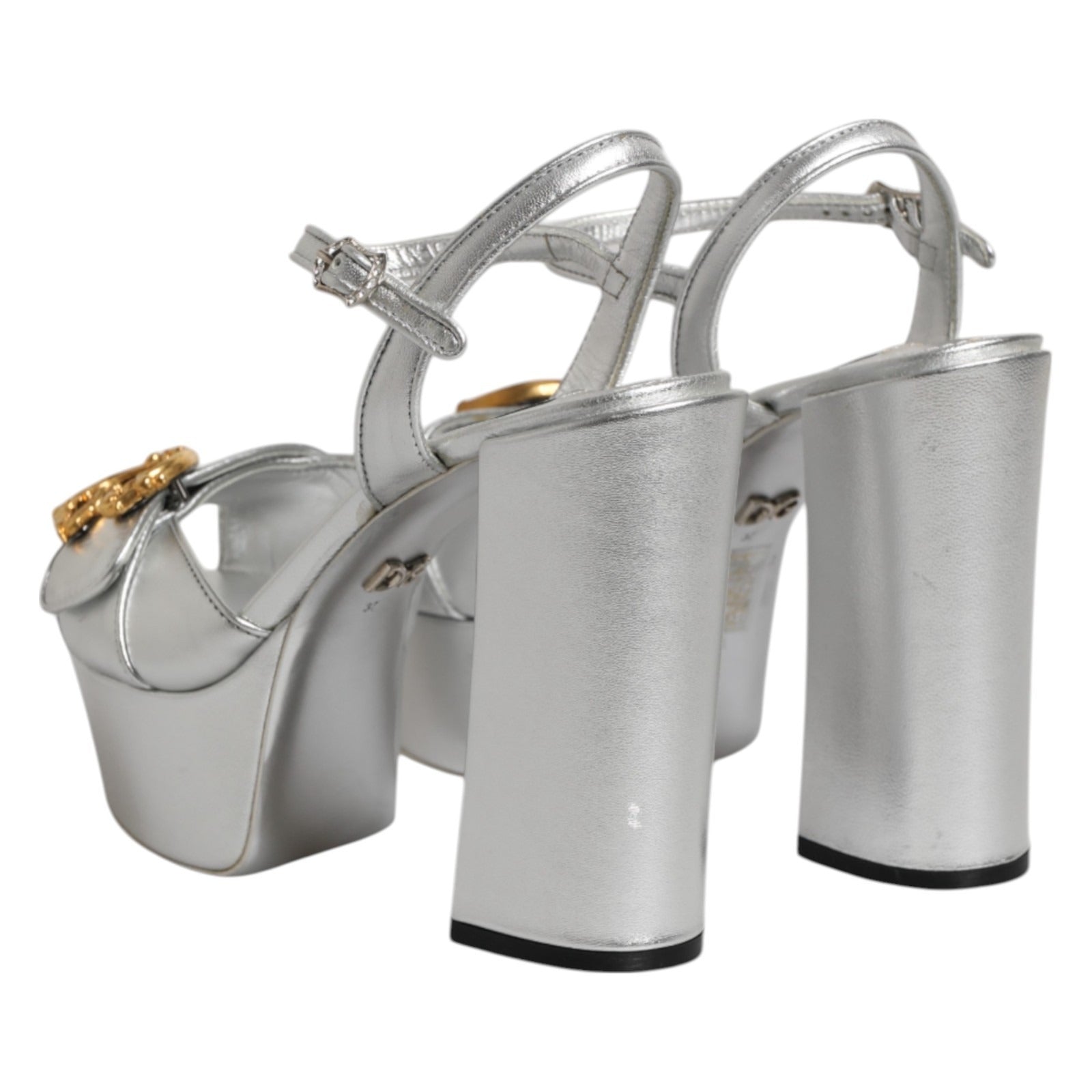 Dolce & Gabbana Silver Logo Ankle Strap Heels Sandals Shoes Dolce & Gabbana