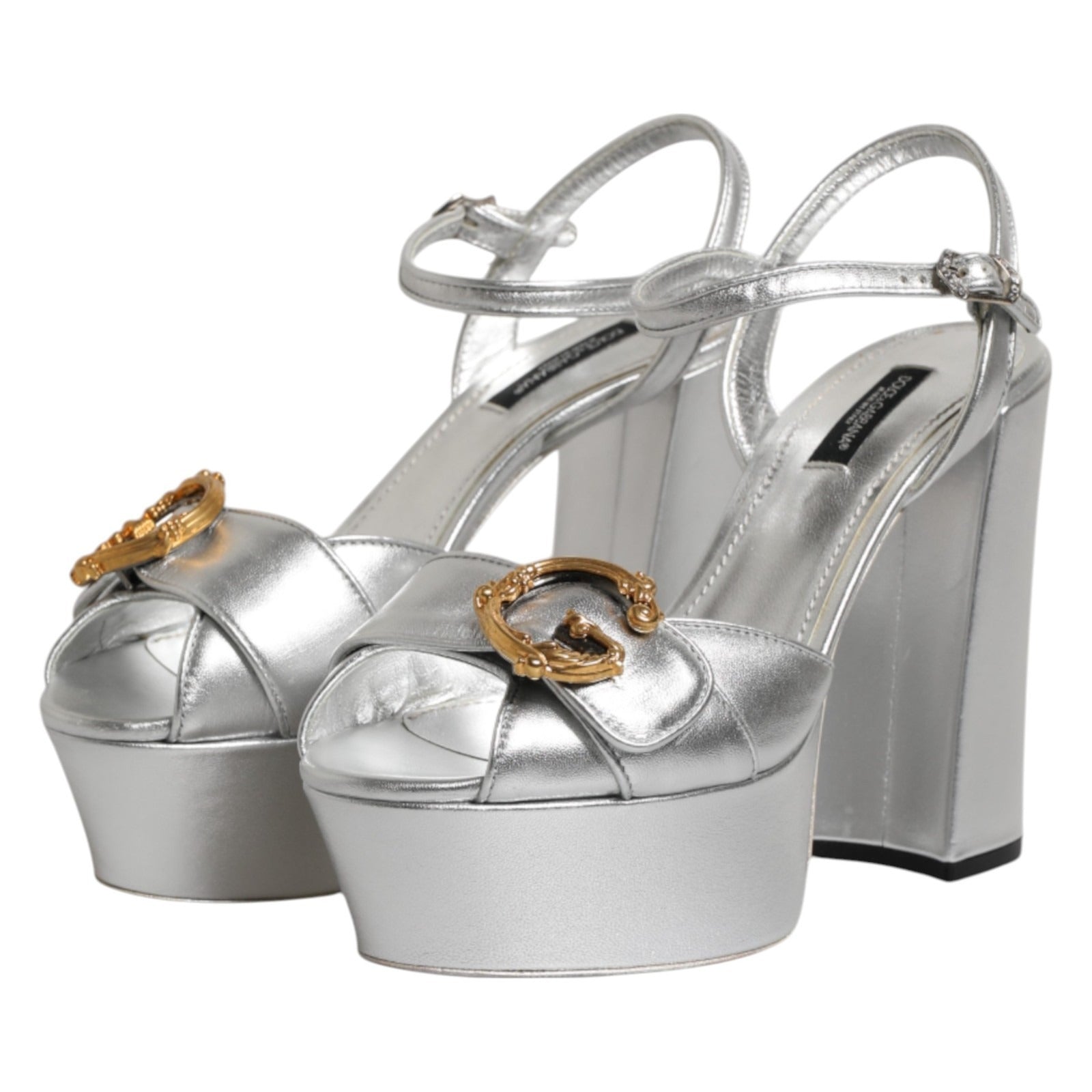 Dolce & Gabbana Silver Logo Ankle Strap Heels Sandals Shoes Dolce & Gabbana