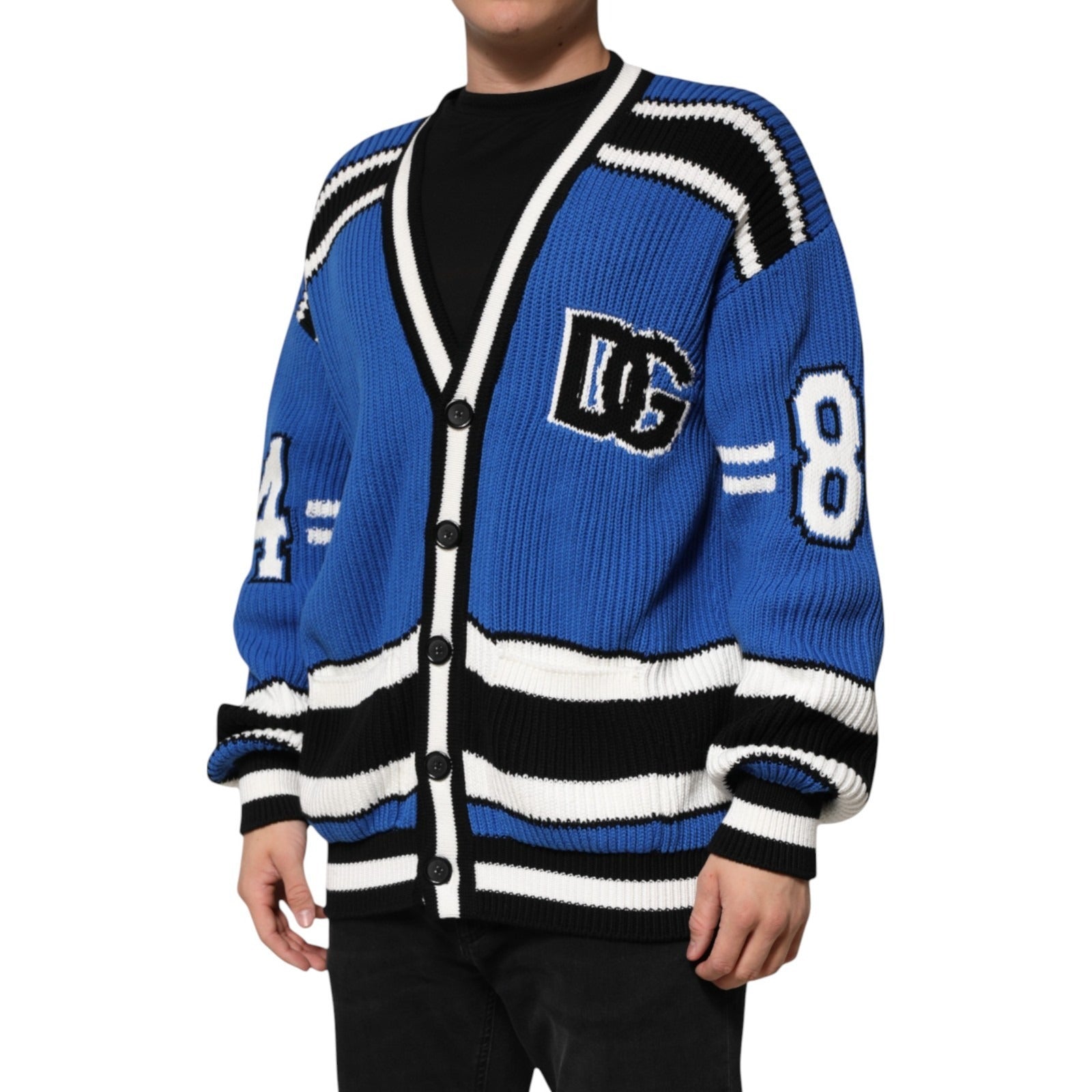 Dolce & Gabbana Blue Cotton Logo Patch Ribbed Knit Cardigan Sweater Dolce & Gabbana
