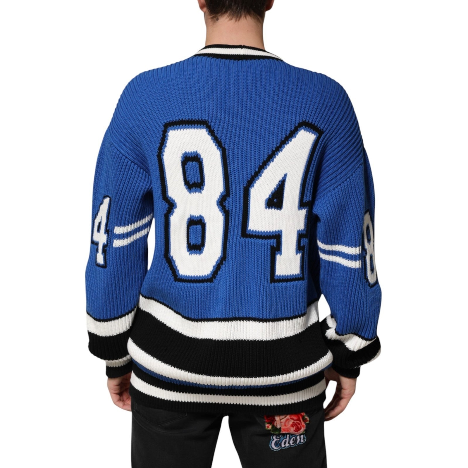 Dolce & Gabbana Blue Cotton Logo Patch Ribbed Knit Cardigan Sweater Dolce & Gabbana