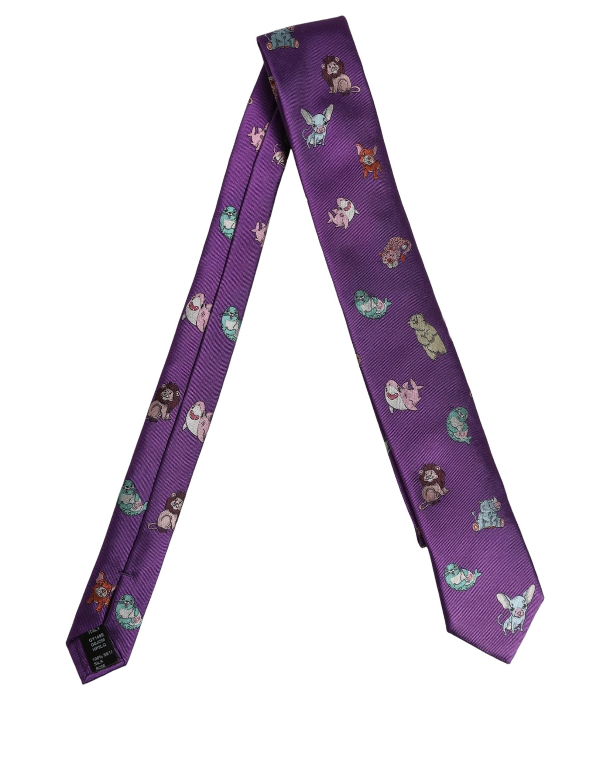 Dolce & Gabbana Men Purple Animal Print Adjustable Tied Necktie Tie Dolce & Gabbana