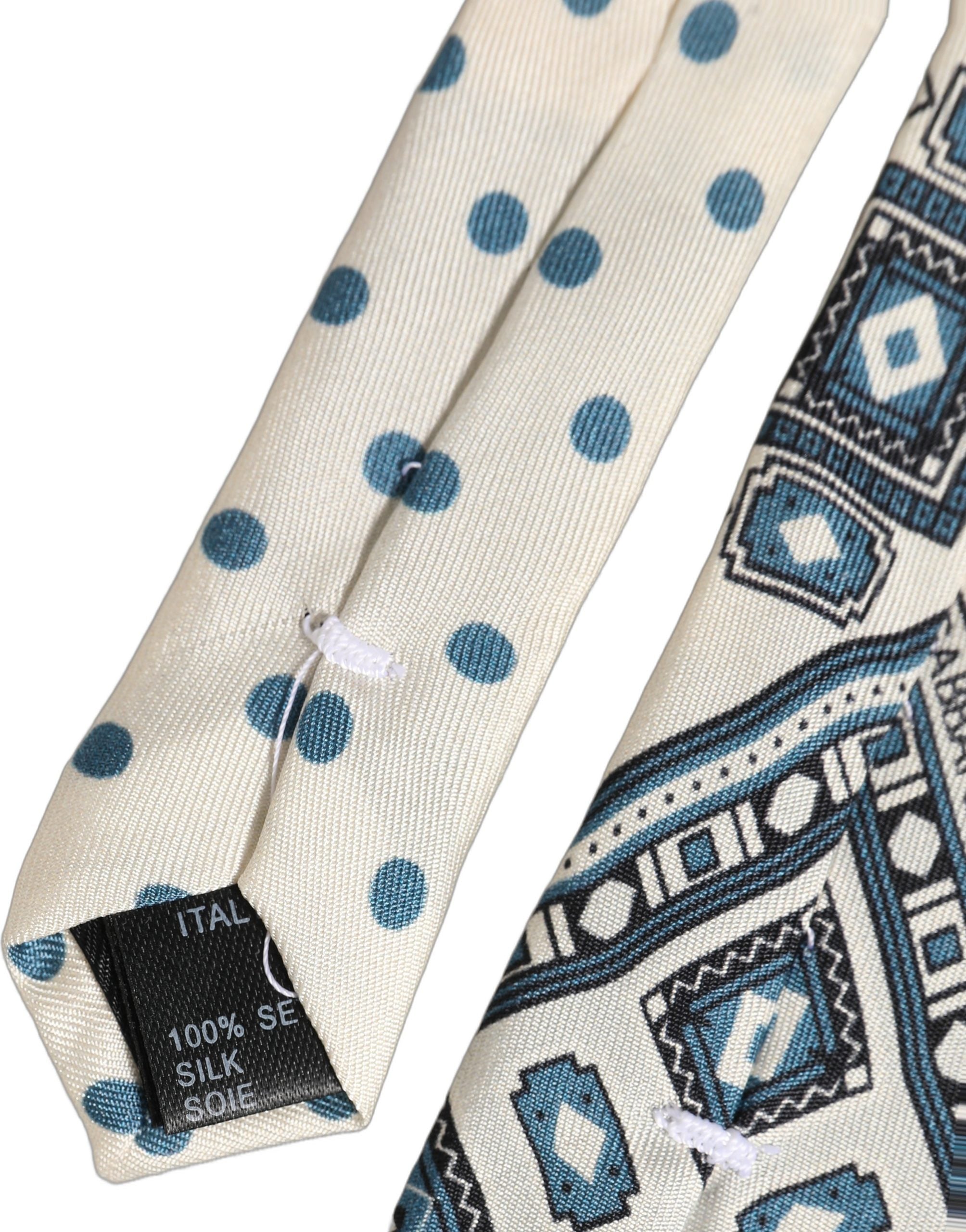 Dolce & Gabbana Men Off White Blue Geometric Adjustable Tied Necktie Tie Dolce & Gabbana