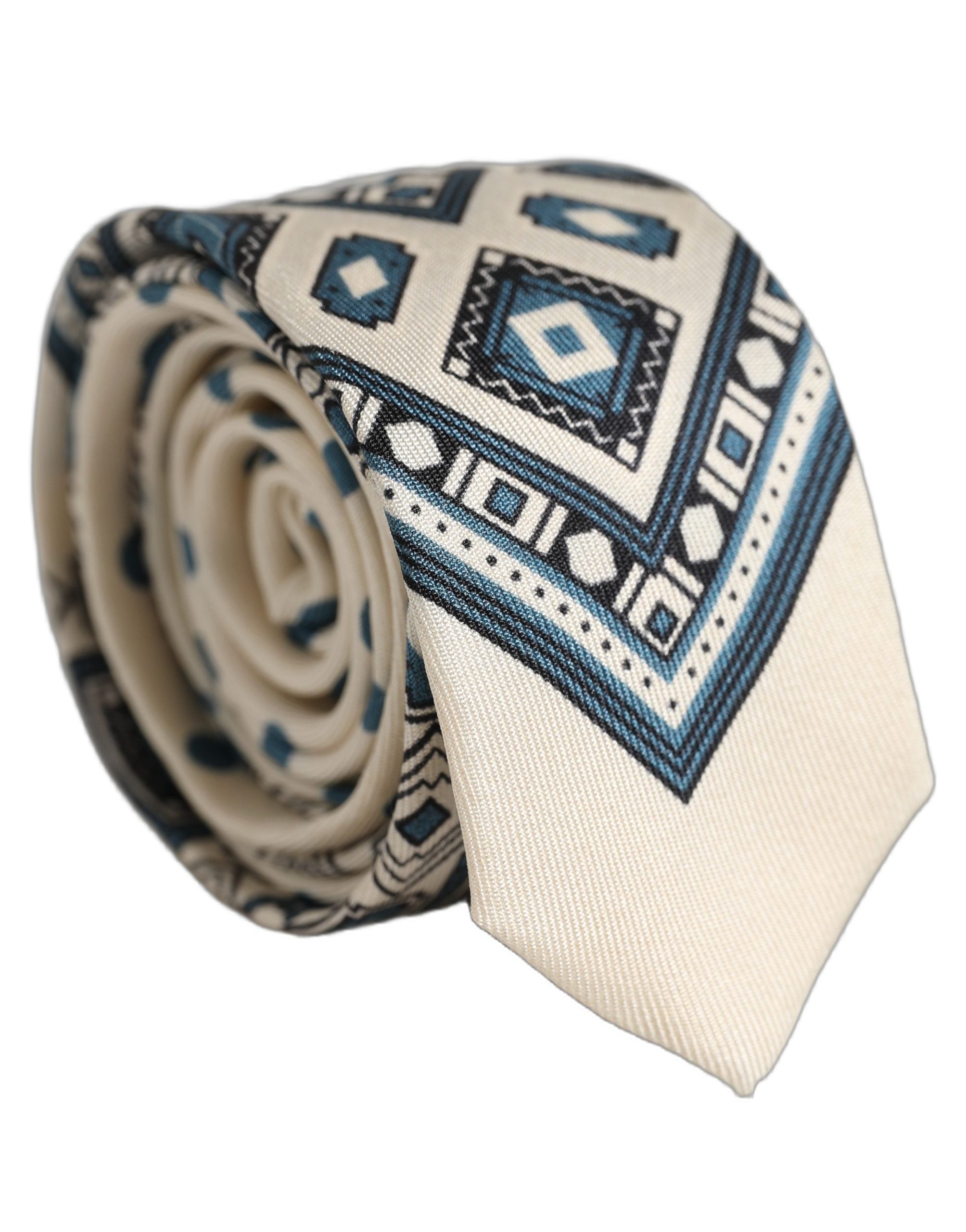 Dolce & Gabbana Men Off White Blue Geometric Adjustable Tied Necktie Tie Dolce & Gabbana