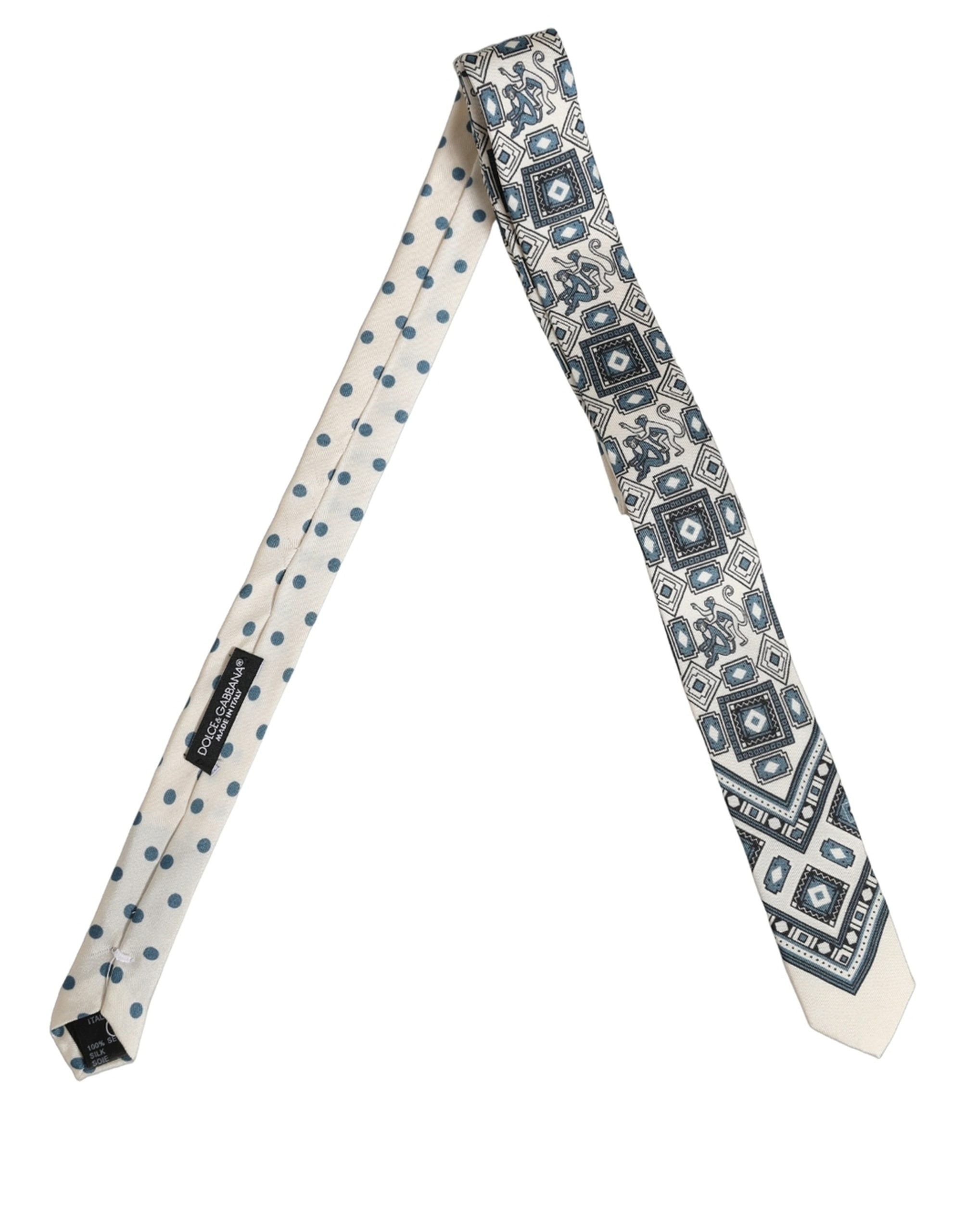 Dolce & Gabbana Men Off White Blue Geometric Adjustable Tied Necktie Tie Dolce & Gabbana