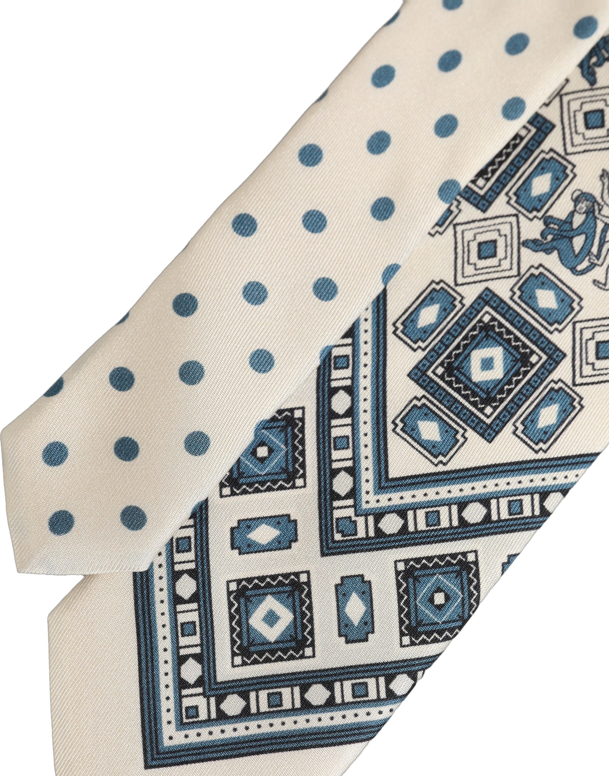 Dolce & Gabbana Men Off White Blue Geometric Adjustable Tied Necktie Tie Dolce & Gabbana