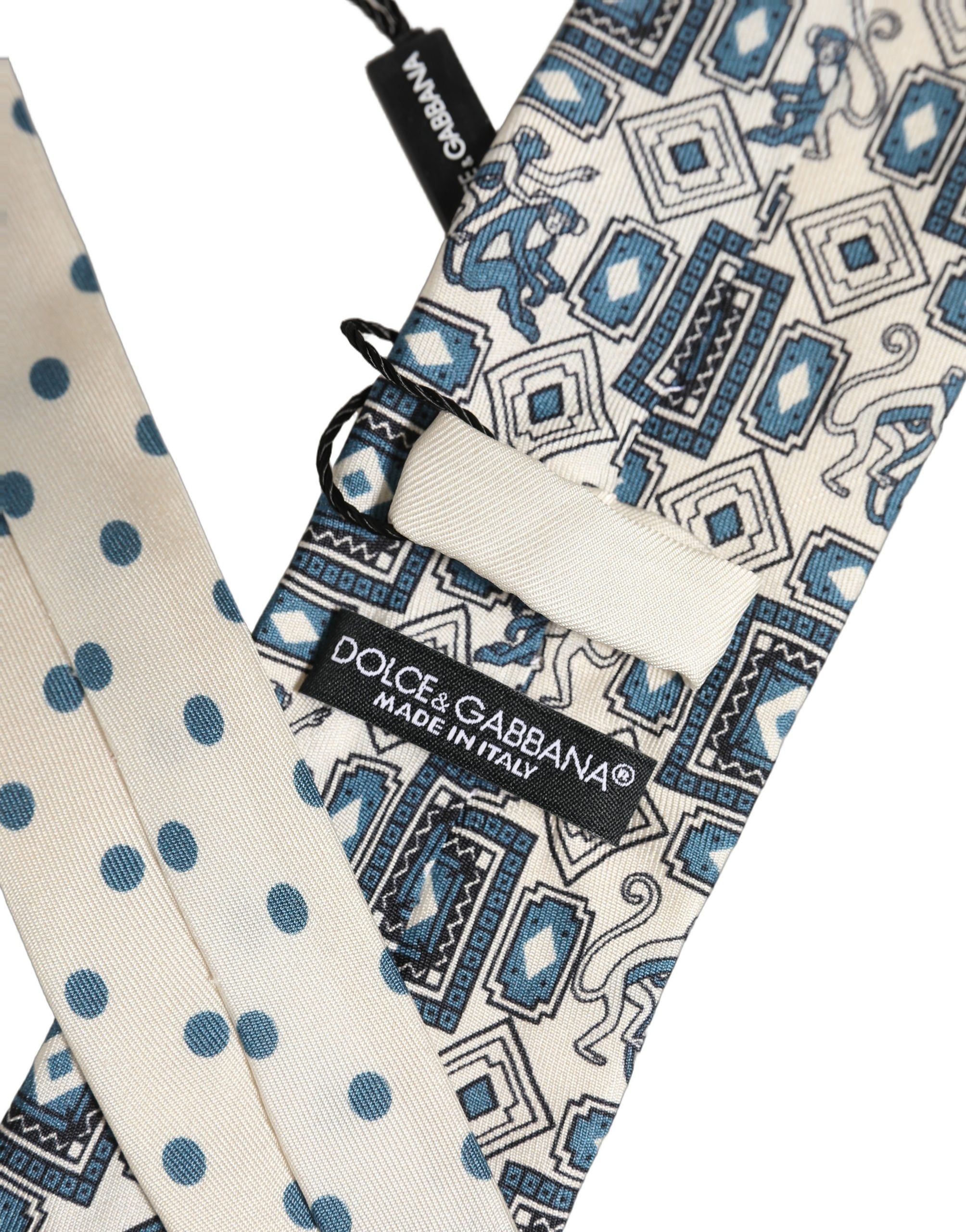 Dolce & Gabbana Men Off White Blue Geometric Adjustable Tied Necktie Tie Dolce & Gabbana
