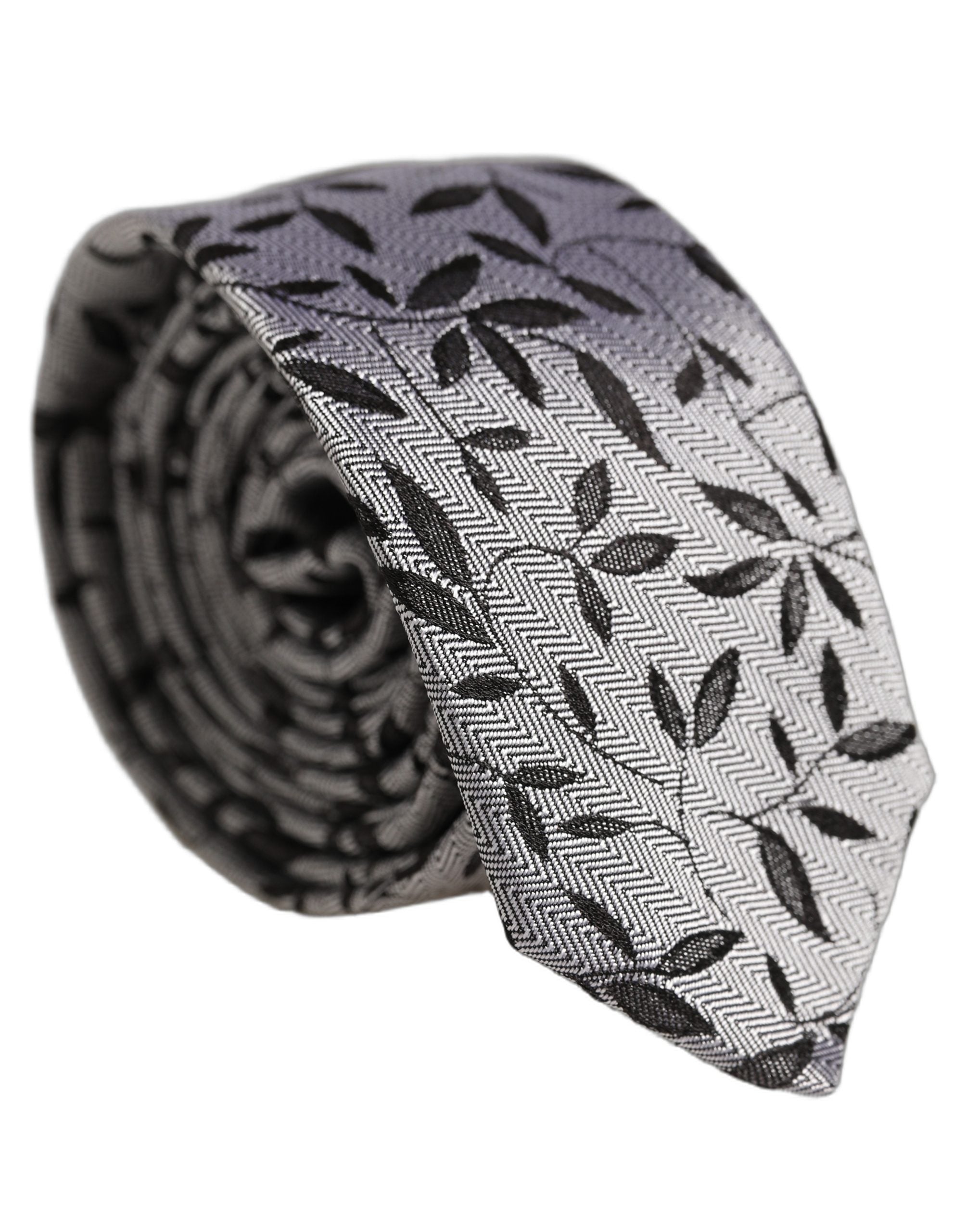 Dolce & Gabbana Men Gray Leaf Pattern Silk Adjustable Tied Necktie Tie Dolce & Gabbana