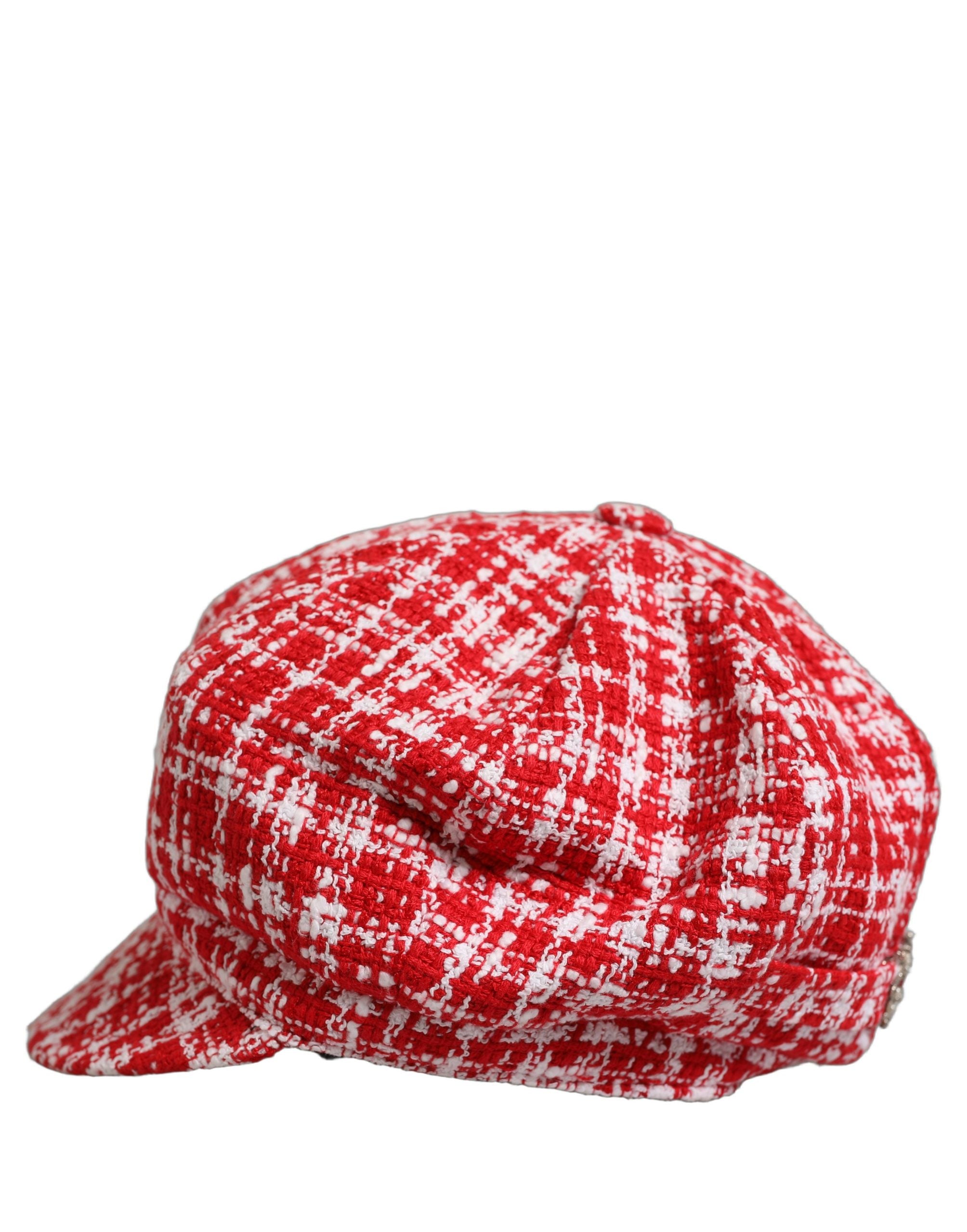 Dolce & Gabbana Red White Tweed Textured Baker Boy Capello Hat Dolce & Gabbana