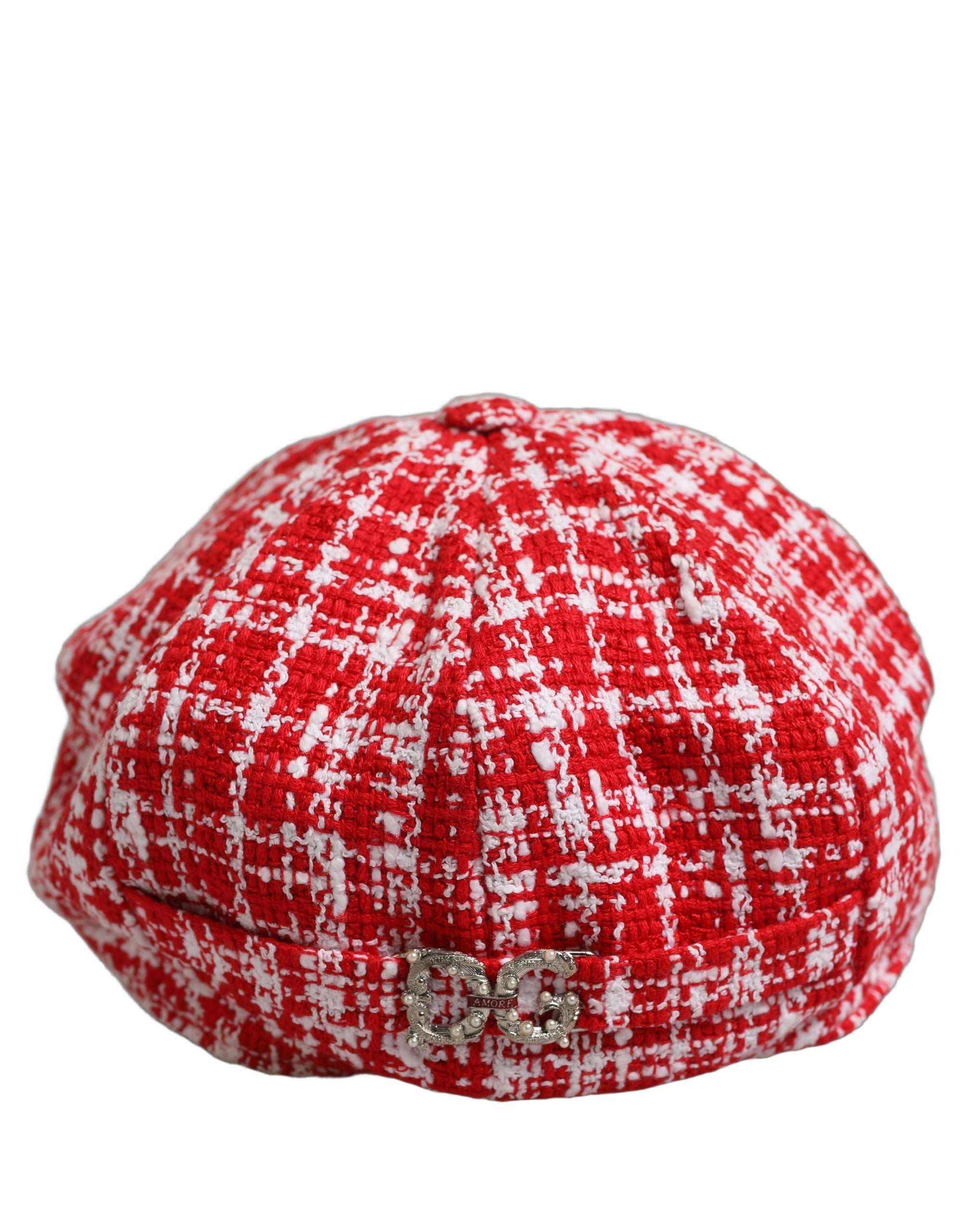 Dolce & Gabbana Red White Tweed Textured Baker Boy Capello Hat Dolce & Gabbana