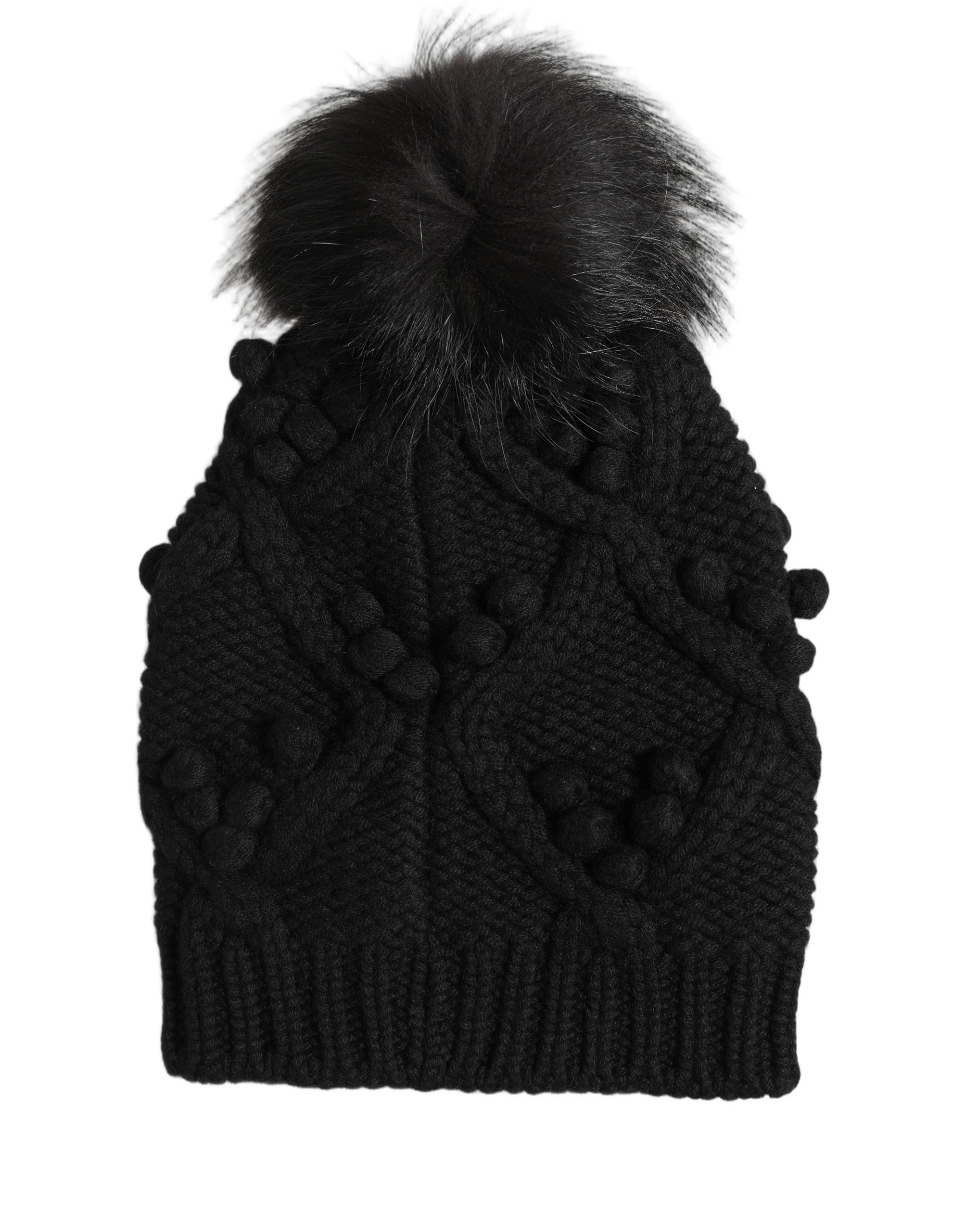 Dolce & Gabbana Black Cashmere Knitted Fur Pom-Pom Beanie One Size Hat Dolce & Gabbana
