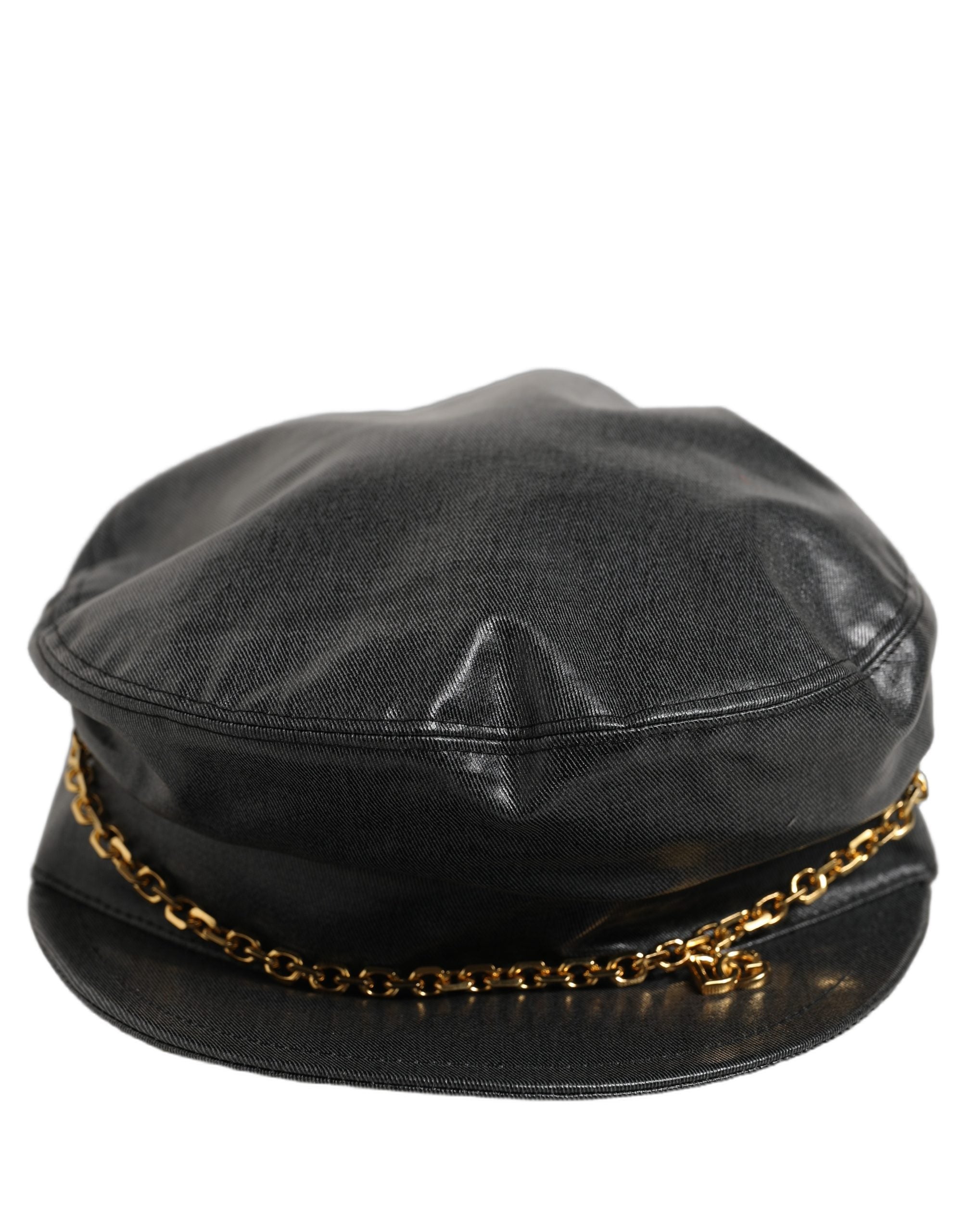 Dolce & Gabbana Black Cotton Gold DG Chain Baker Boy Capello Hat Dolce & Gabbana
