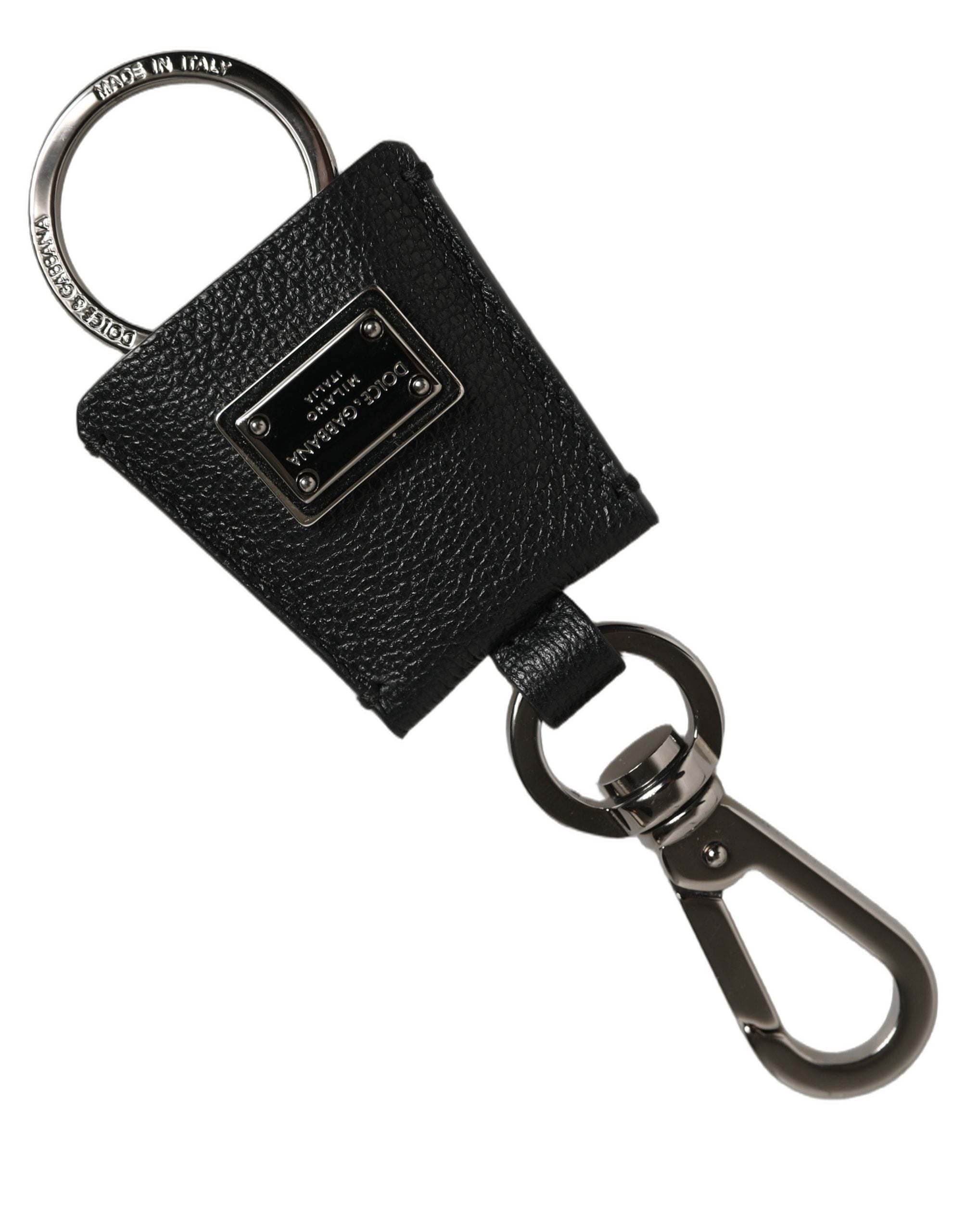 Dolce & Gabbana Black Dauphine Leather Silver Metal Logo Plaque Keyring Dolce & Gabbana