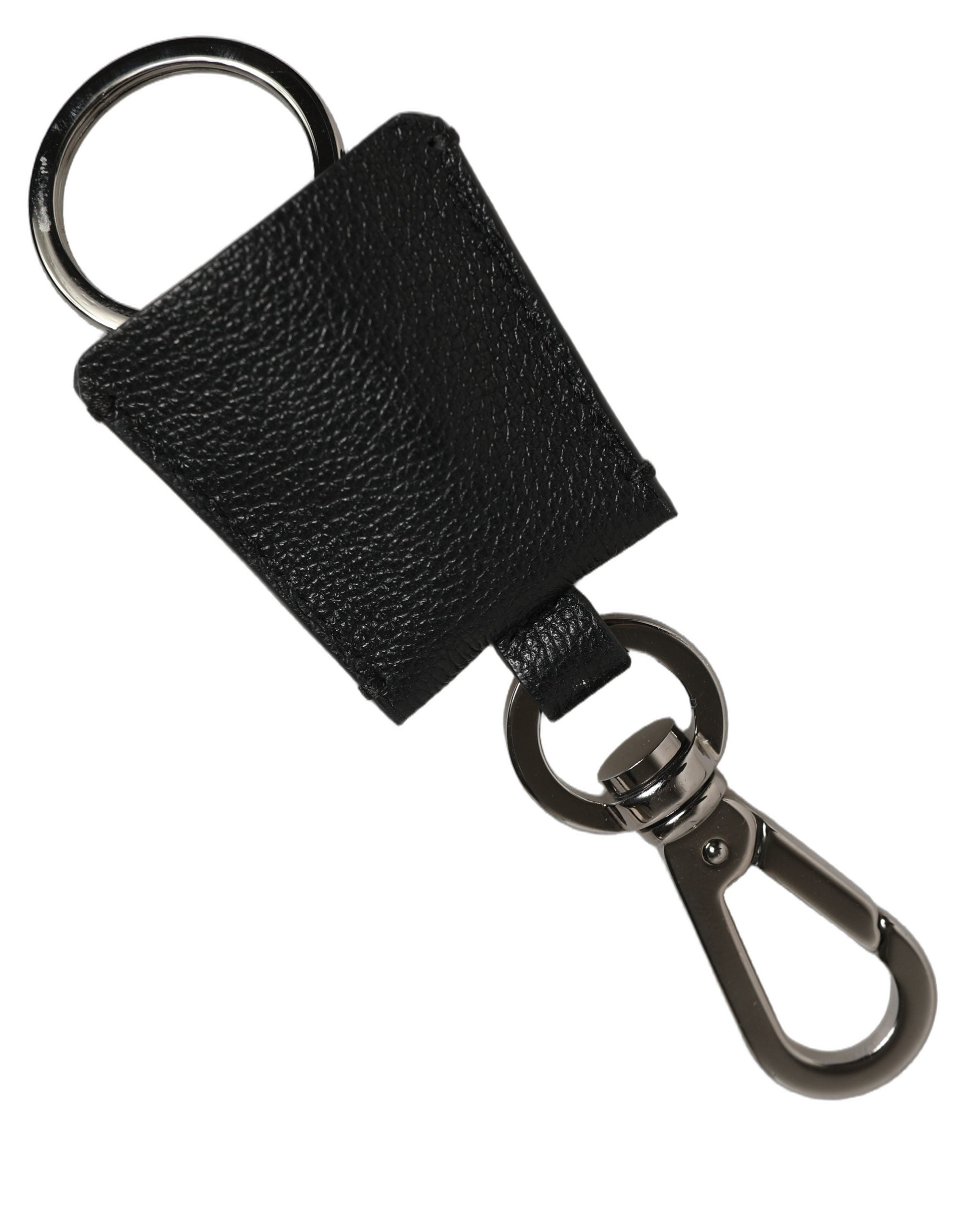 Dolce & Gabbana Black Dauphine Leather Silver Metal Logo Plaque Keyring Dolce & Gabbana