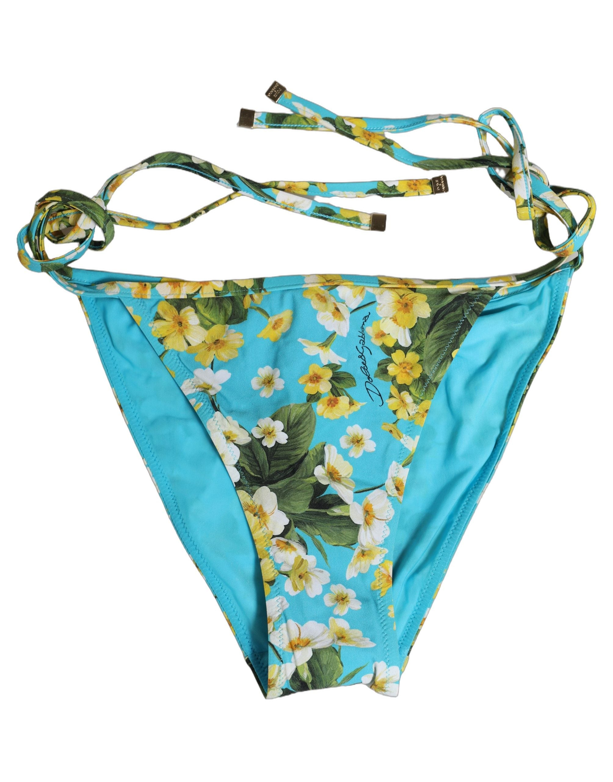 Dolce & Gabbana Blue Floral Print Nylon Beachwear Bikini Bottom Dolce & Gabbana