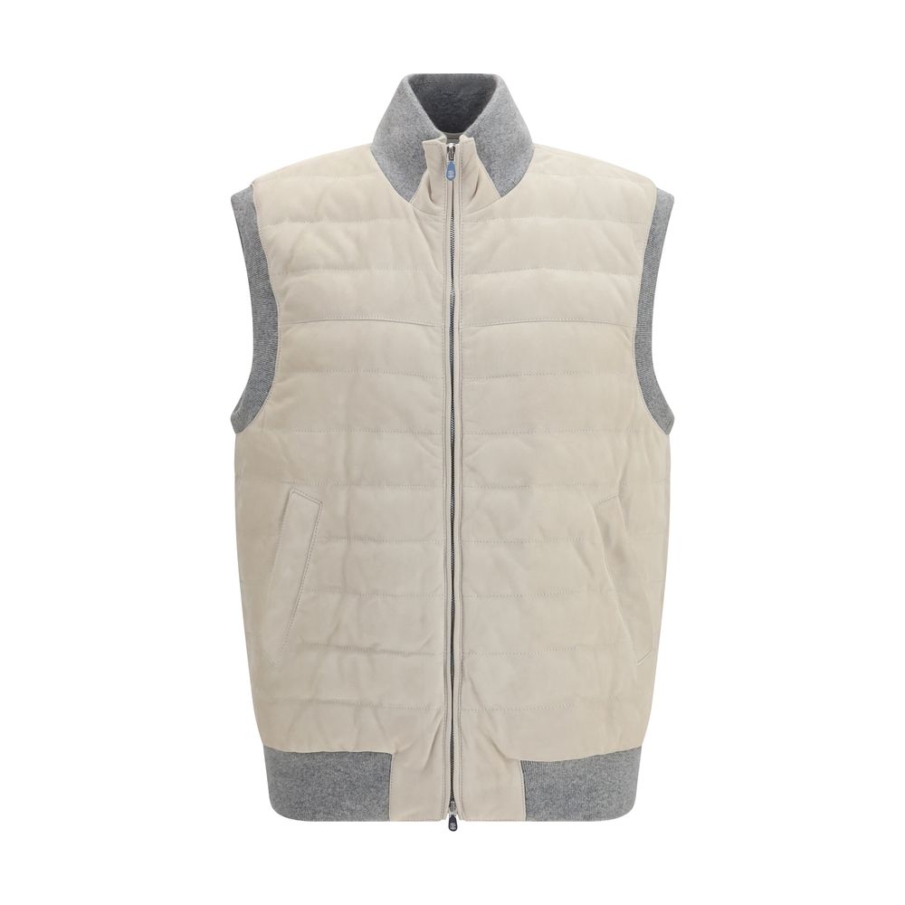 Brunello Cucinelli Beige Calf Leather Bos Taurus Sleeveless Jacket Brunello Cucinelli