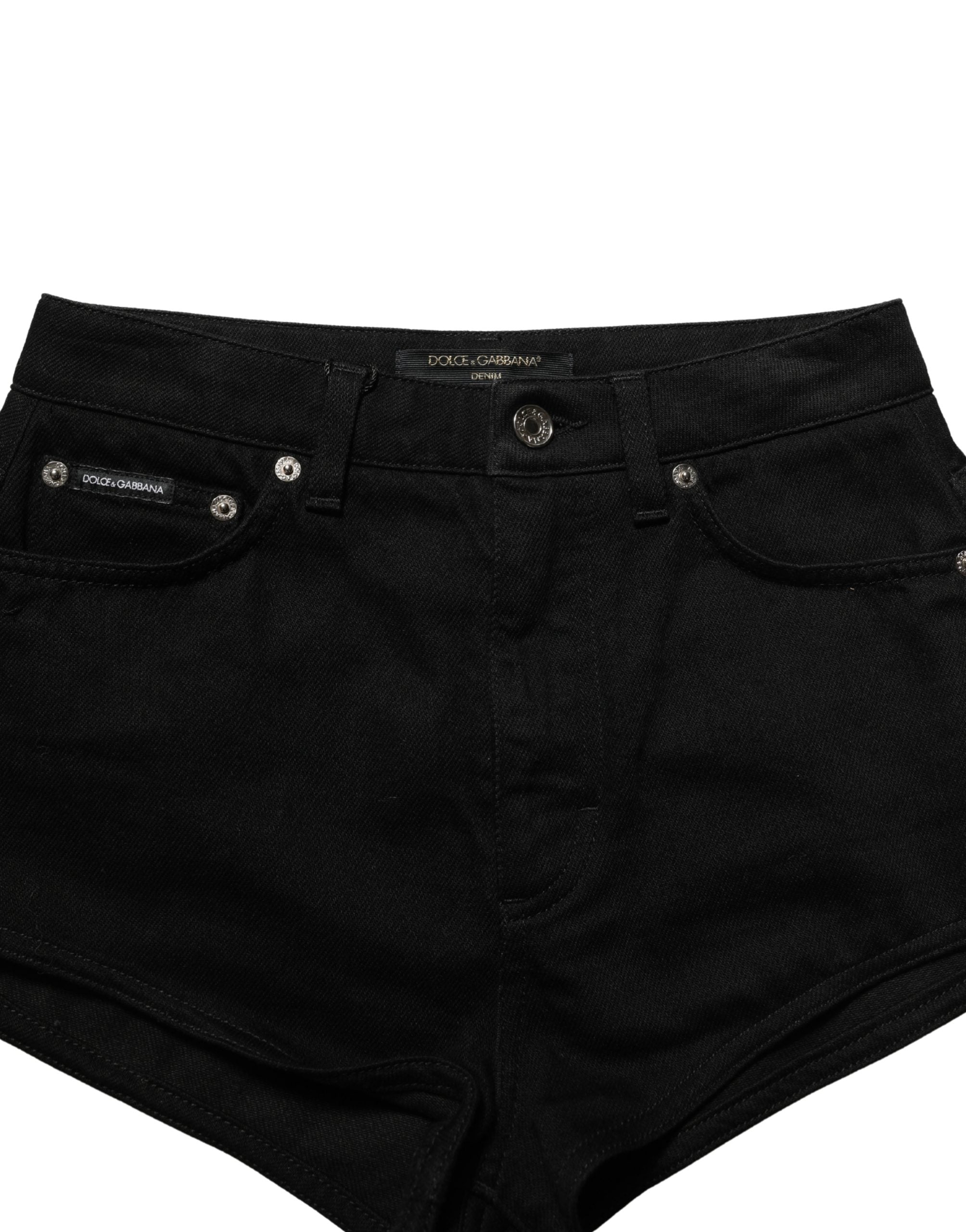 Dolce & Gabbana Black Cotton Mid Rise Denim Hot Pants Shorts Dolce & Gabbana