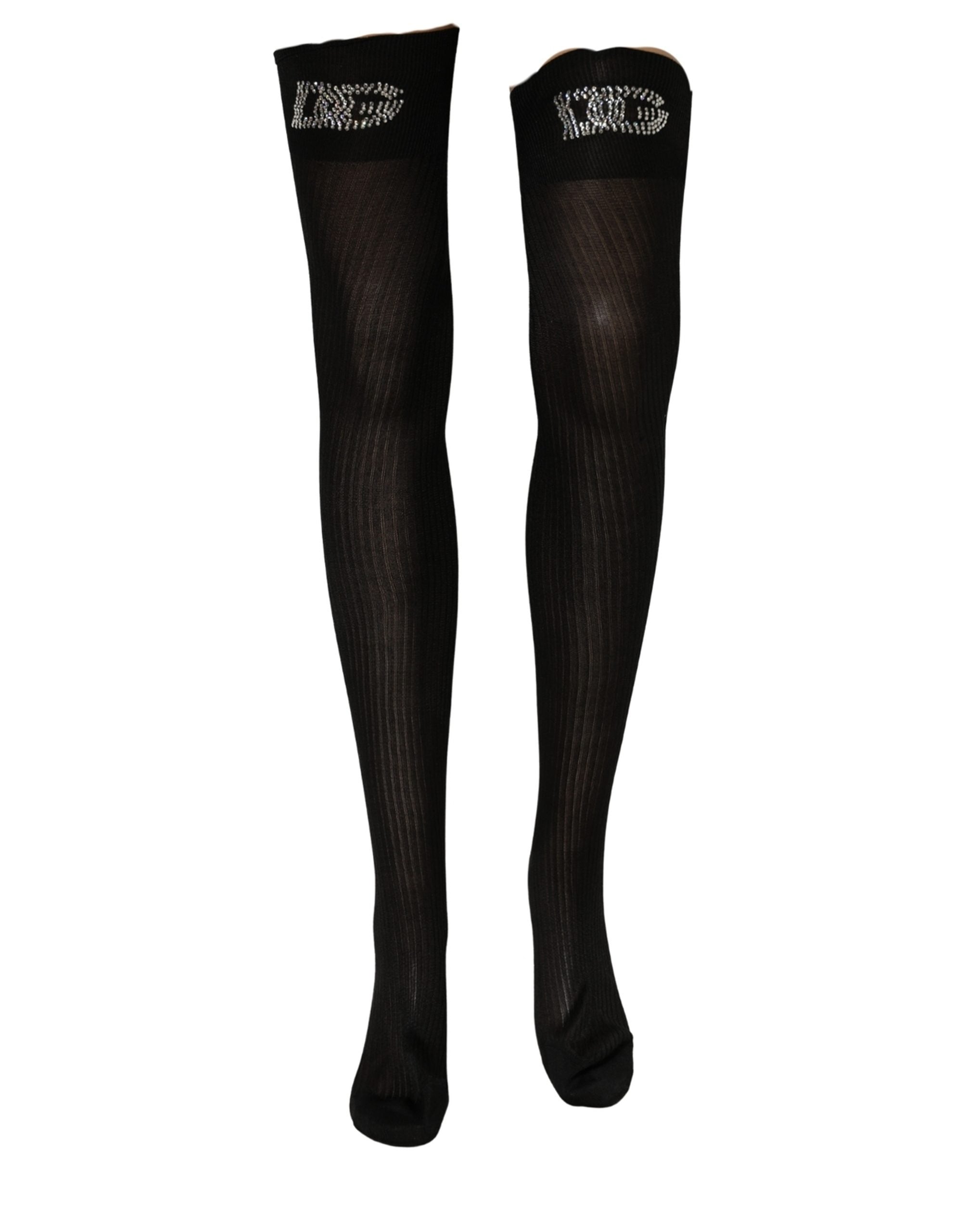 Dolce & Gabbana Black DG Logo Rhinestones Stretch Thigh High Socks Dolce & Gabbana