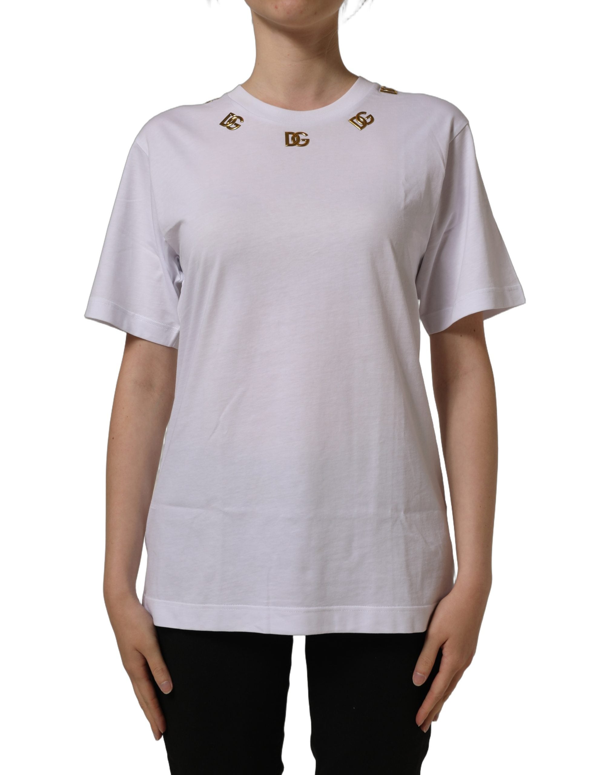 Dolce & Gabbana White Cotton Gold DG Logo Crew Neck T-shirt Dolce & Gabbana