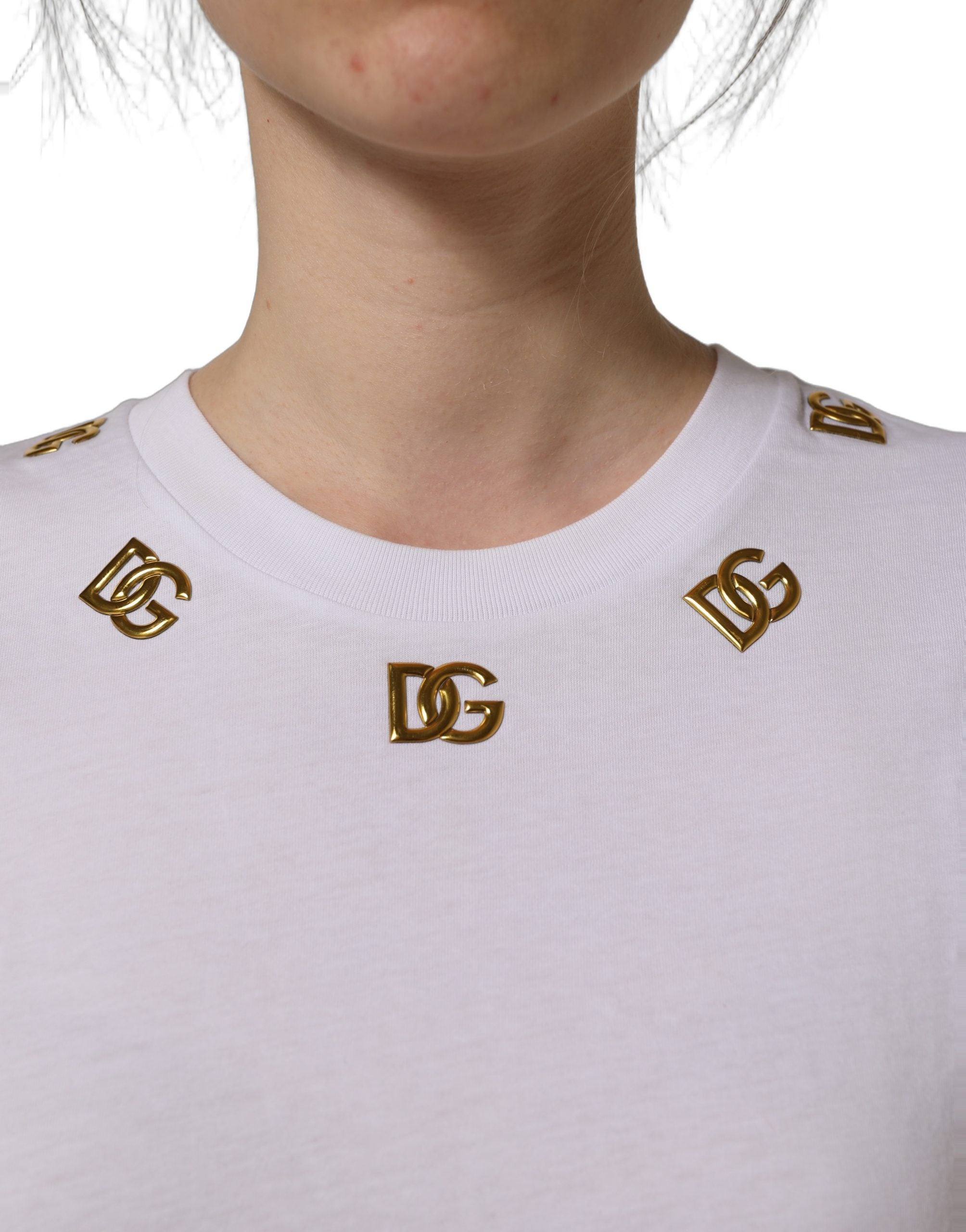 Dolce & Gabbana White Cotton Gold DG Logo Crew Neck T-shirt Dolce & Gabbana