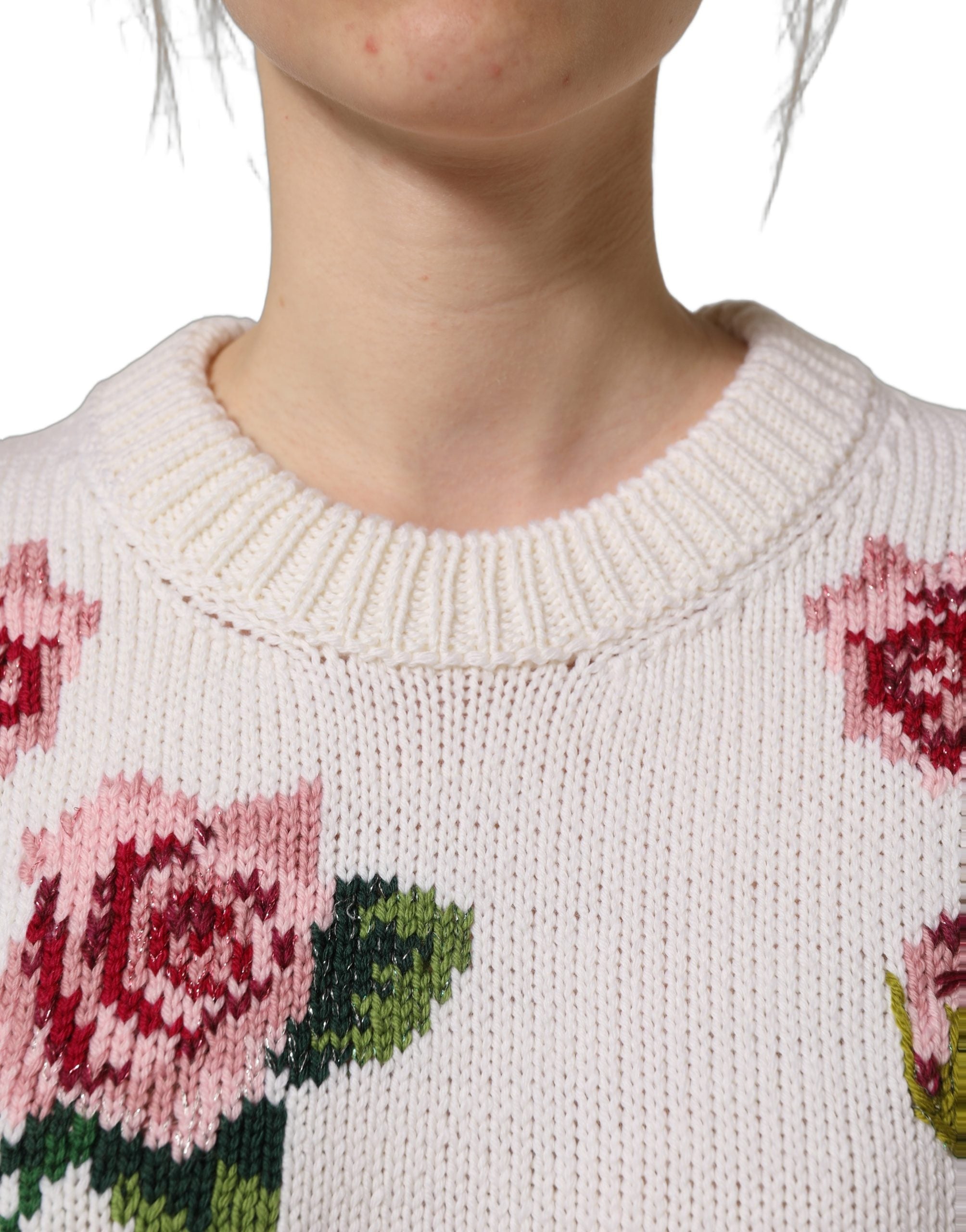 Dolce & Gabbana White Wool Floral Crew Neck Pullover Sweater Dolce & Gabbana