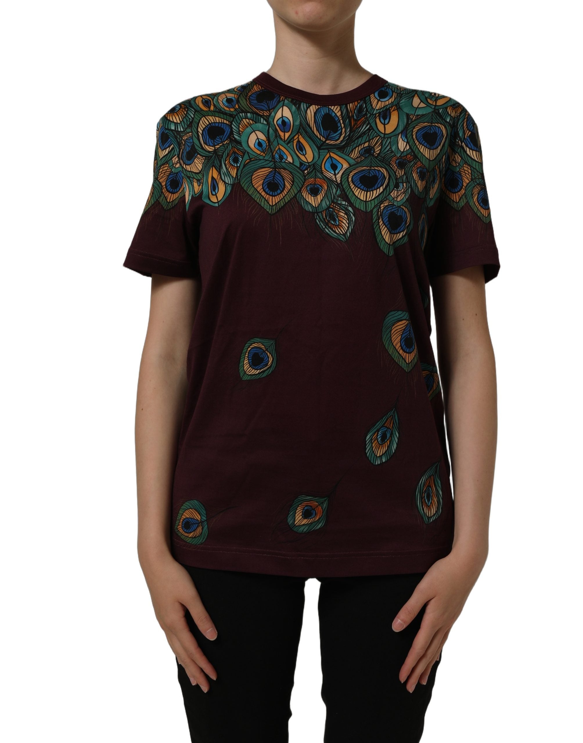 Dolce & Gabbana Burgundy Peacock Feather Round Neck T-shirt Dolce & Gabbana